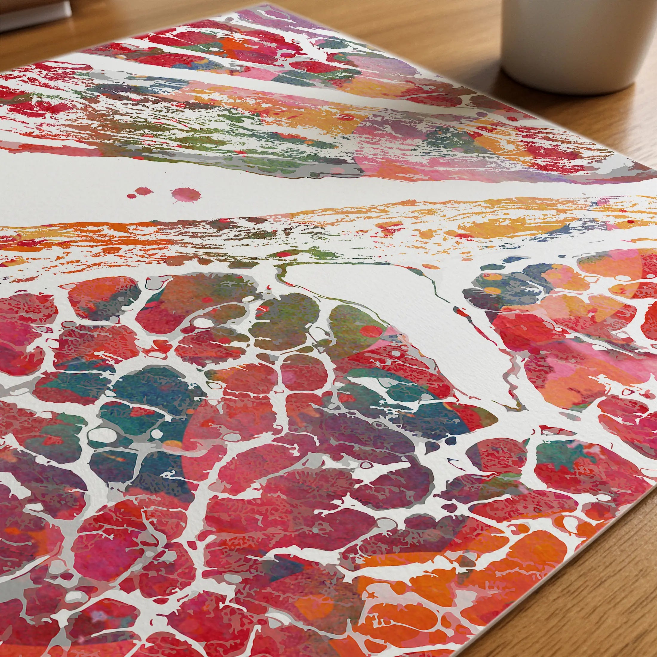Close-up of heart ventricle and endocardium watercolor print showing paper texture and grain