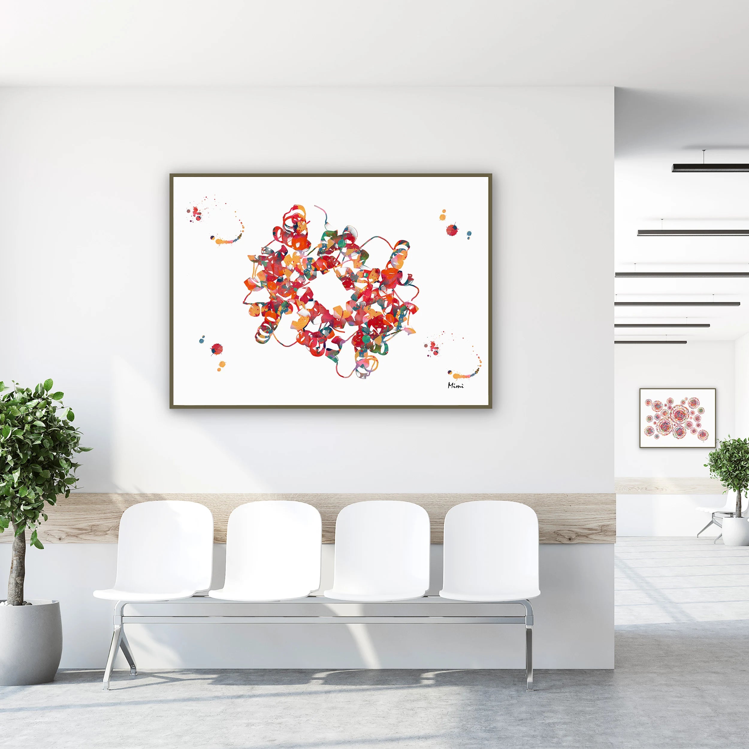 Framed hemoglobin & heme group watercolor print in a clinic waiting room