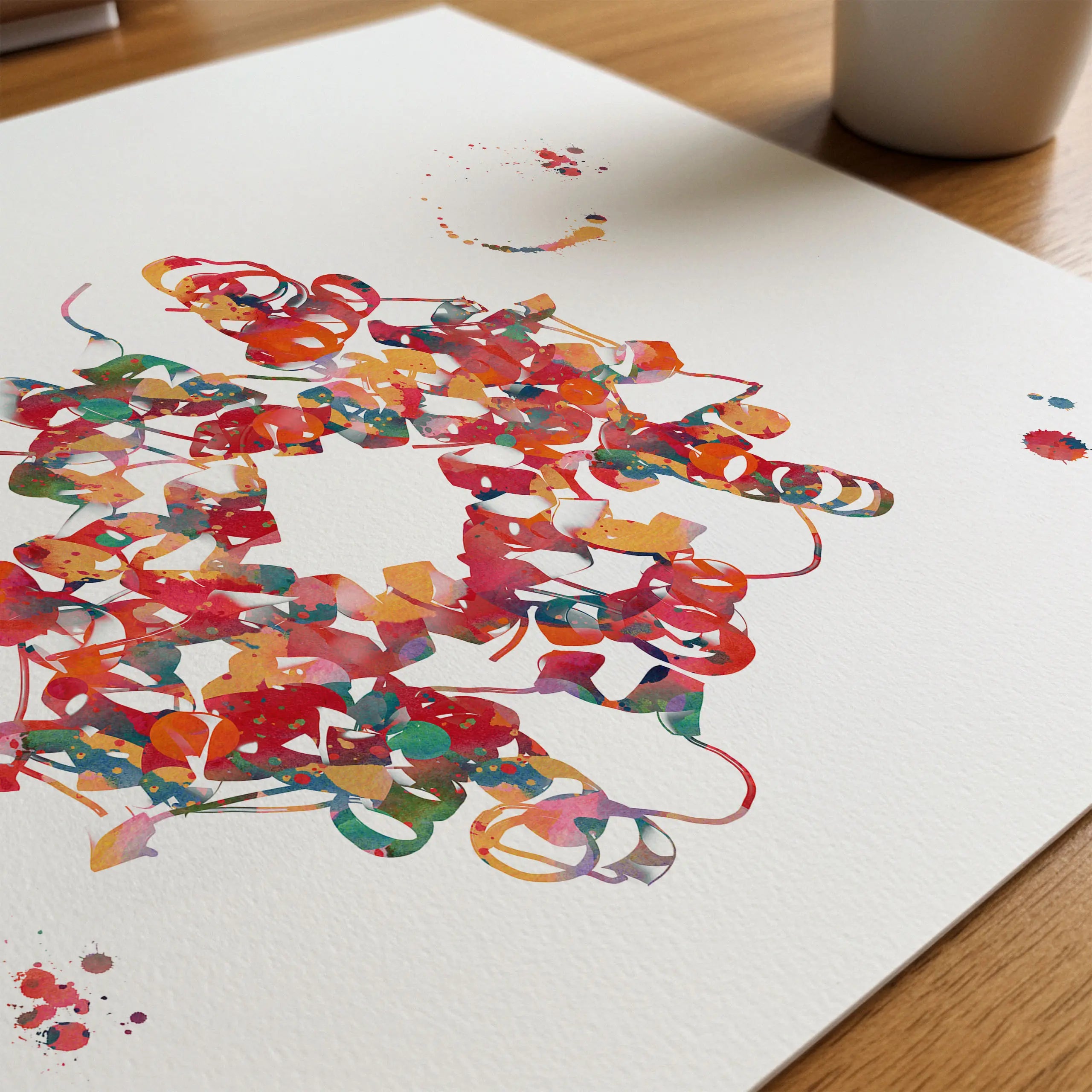 Close-up of hemoglobin & heme group watercolor print showing paper texture and grain