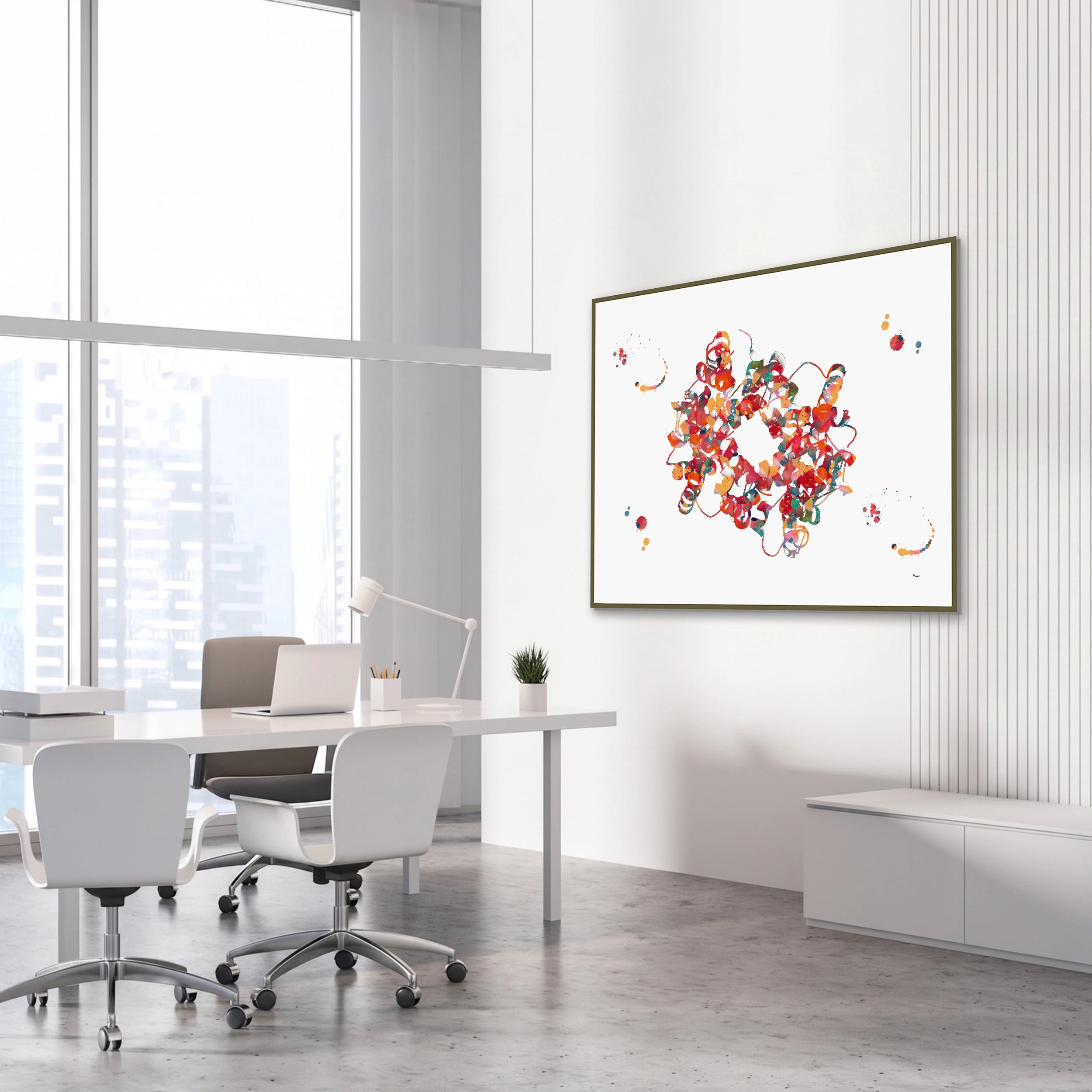 Framed hemoglobin & heme group watercolor print in a science laboratory office