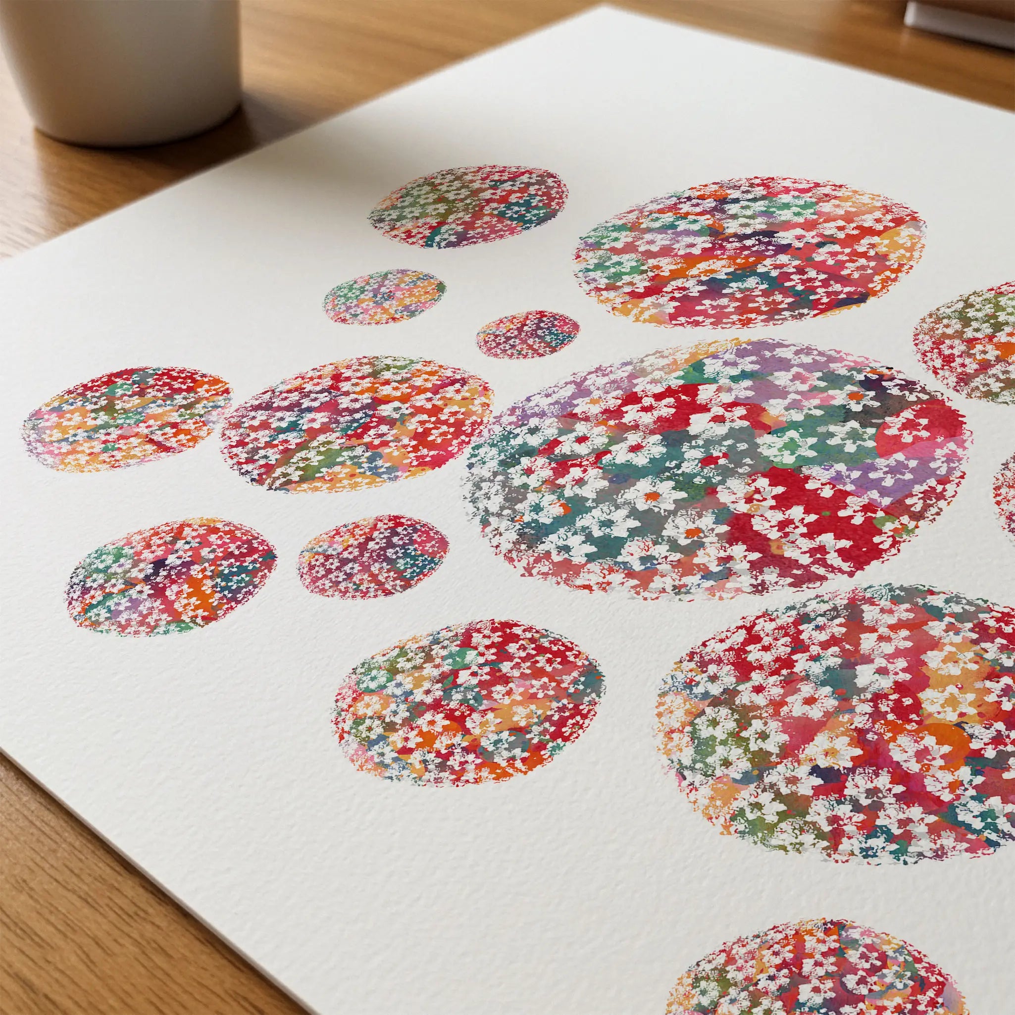 Close-up of herpes simplex virus structure watercolor print showing paper texture and grain