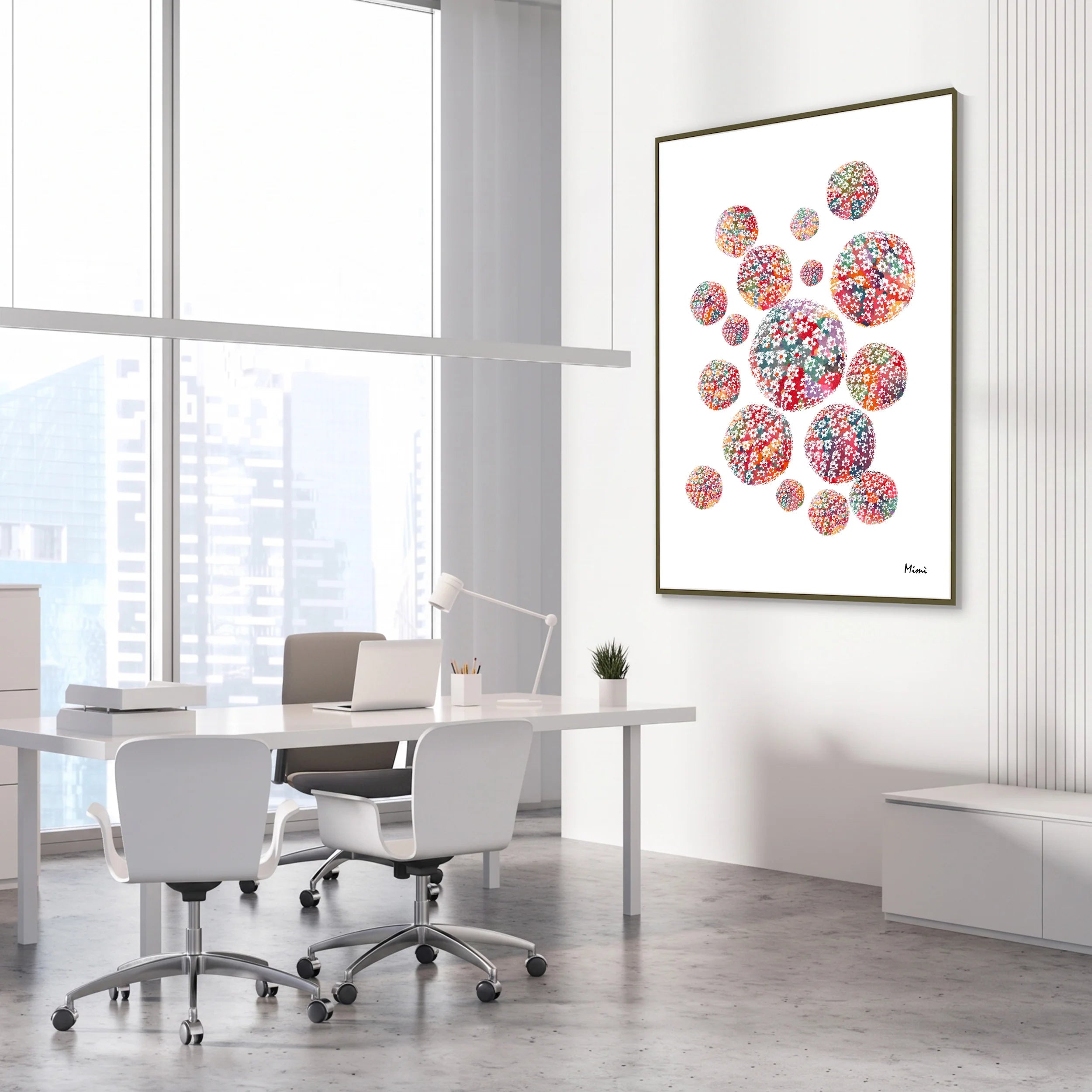 Framed herpes simplex virus structure watercolor print in a science laboratory office