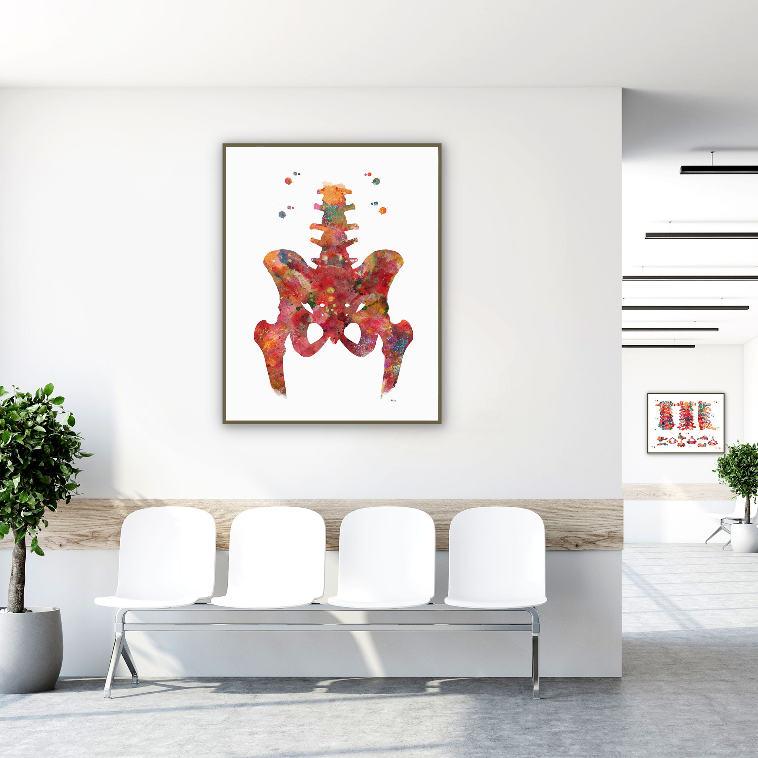 Framed hip & lower spine watercolor print in a clinic waiting room