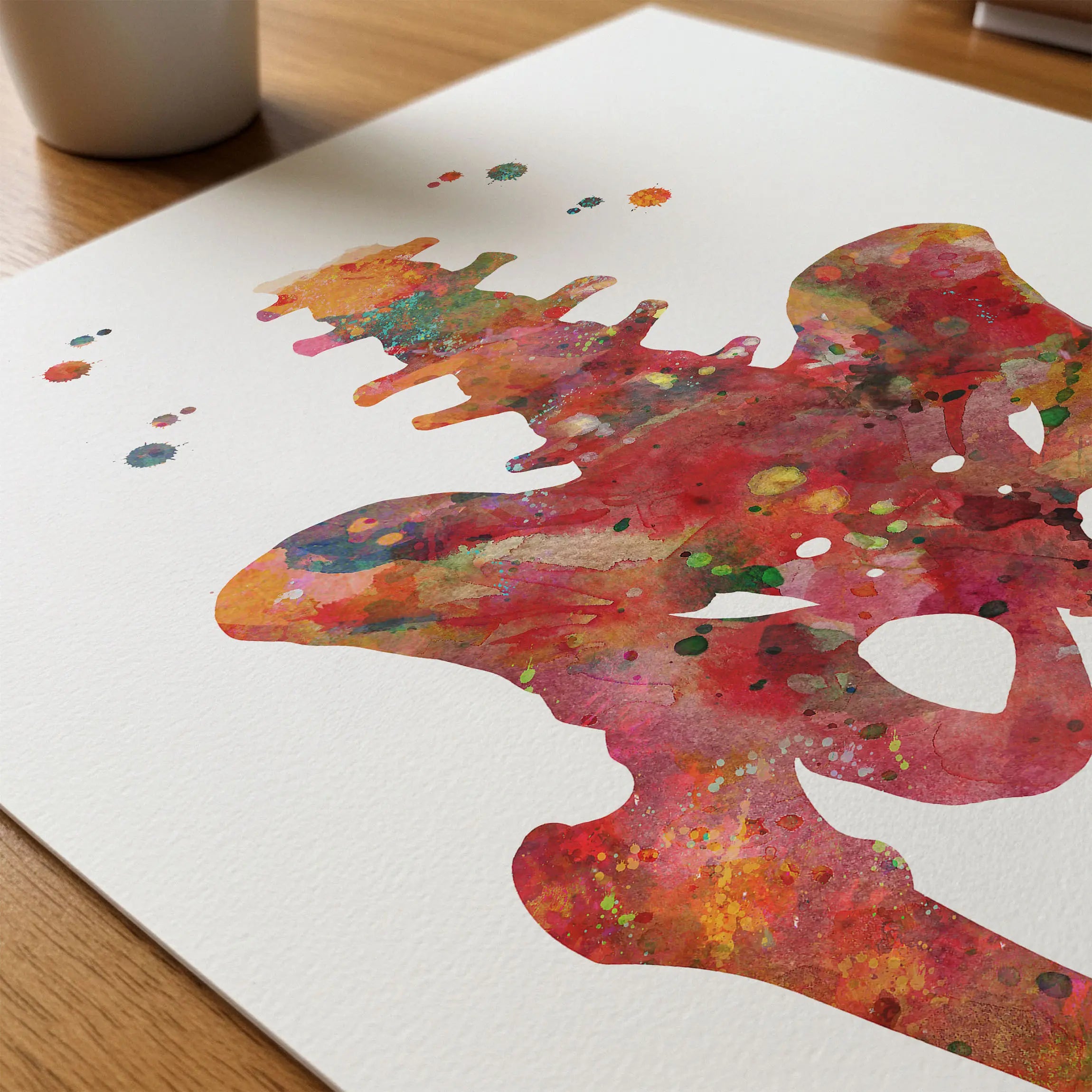 Close-up of hip & lower spine watercolor print showing paper texture and grain