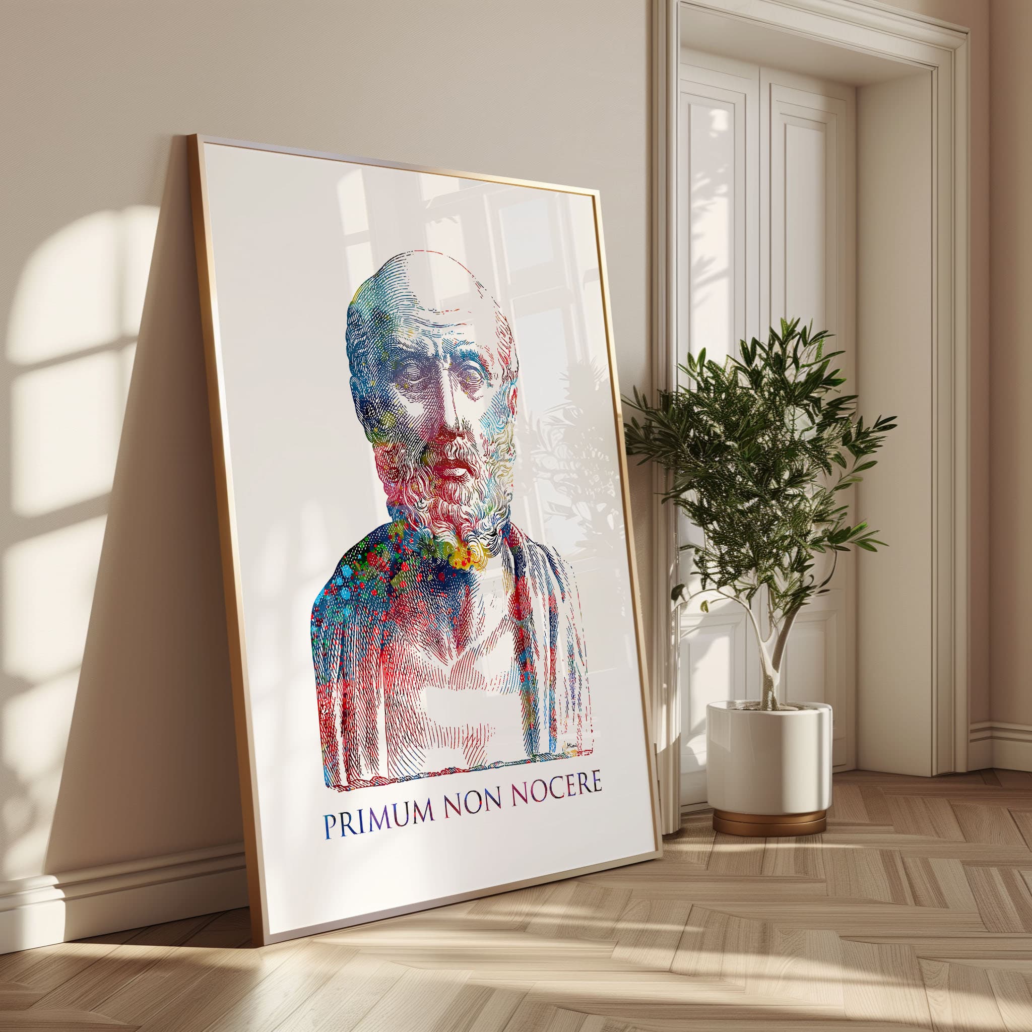 Framed hippocratic oath watercolor print in a warm living room