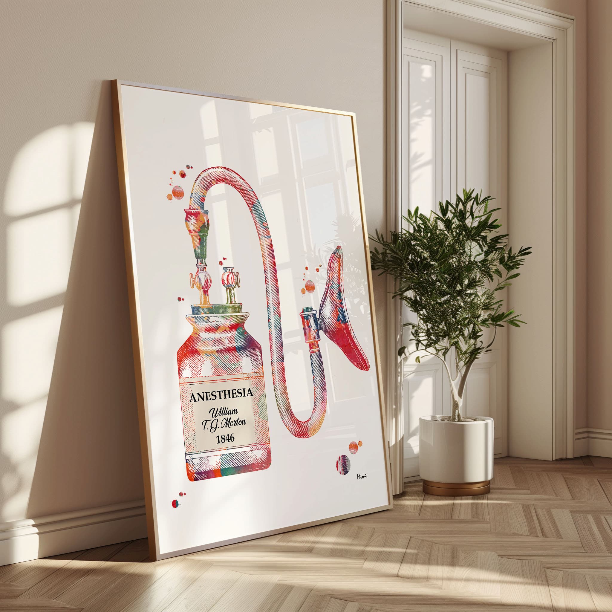 Framed history of anesthesia watercolor print in a warm living room