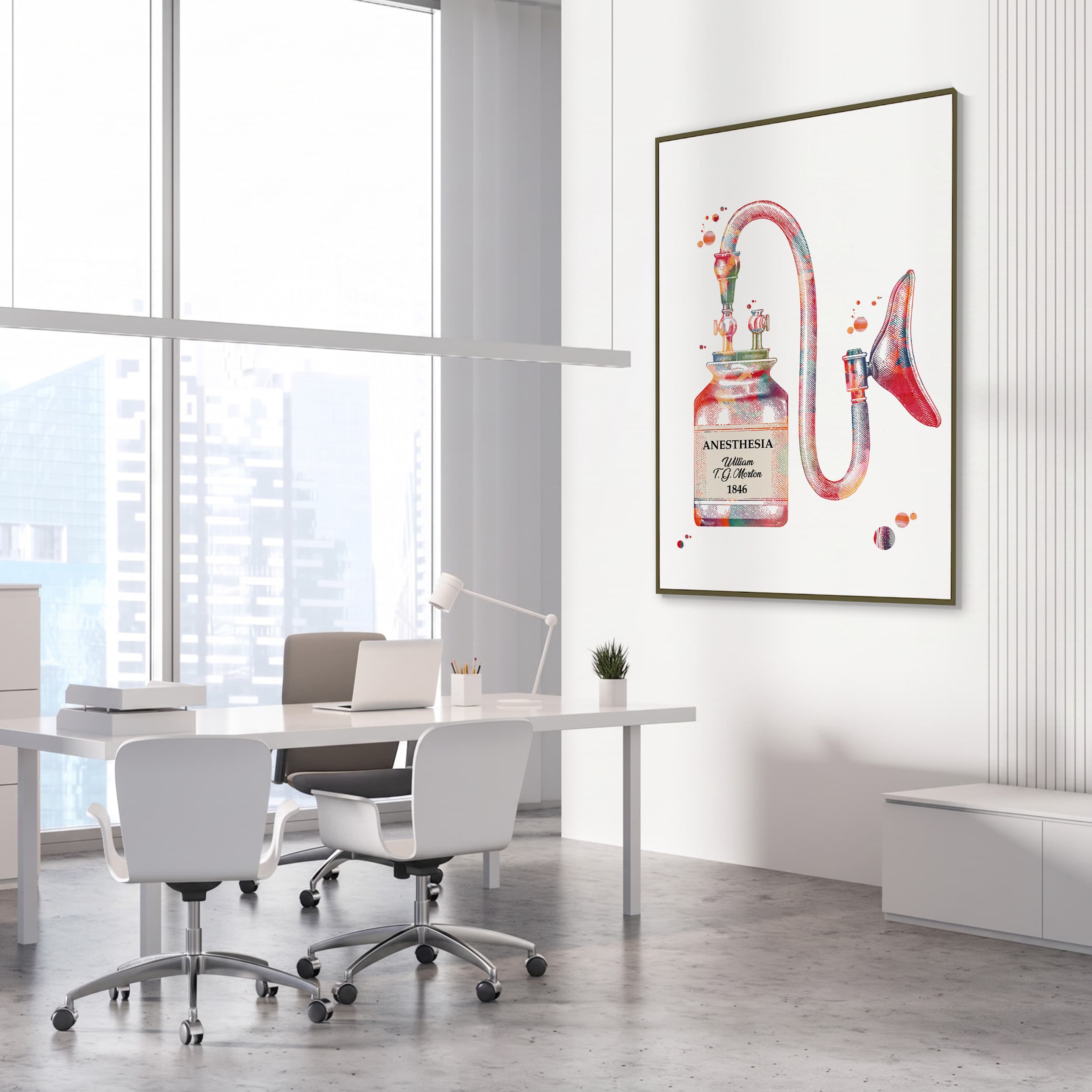 Framed history of anesthesia watercolor print in a medical office