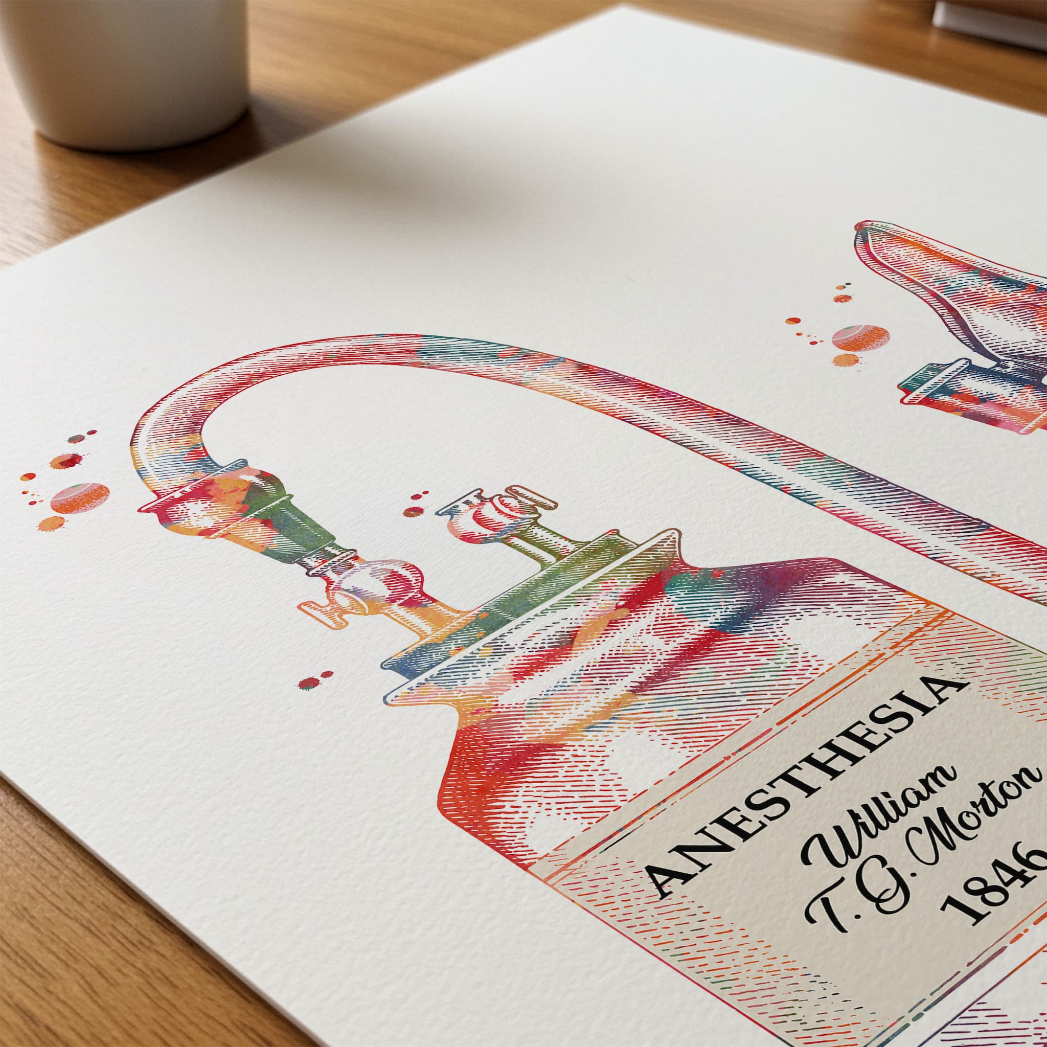 Close-up of history of anesthesia watercolor print showing paper texture and grain