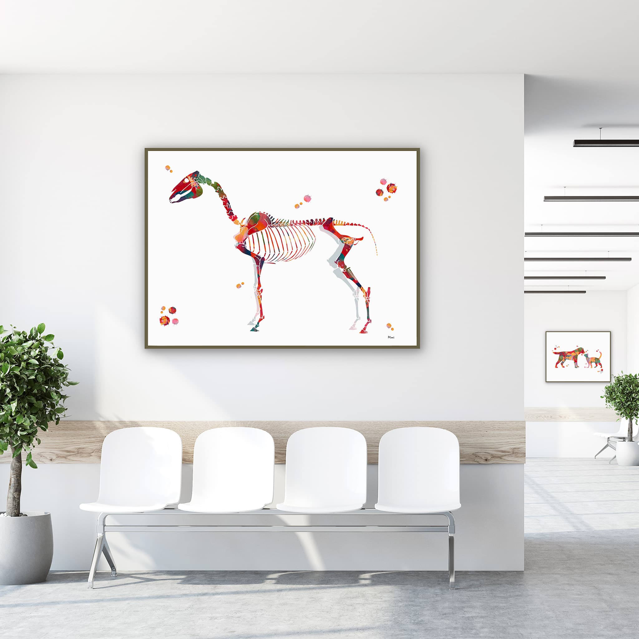 Framed horse skeleton watercolor print in a clinic waiting room