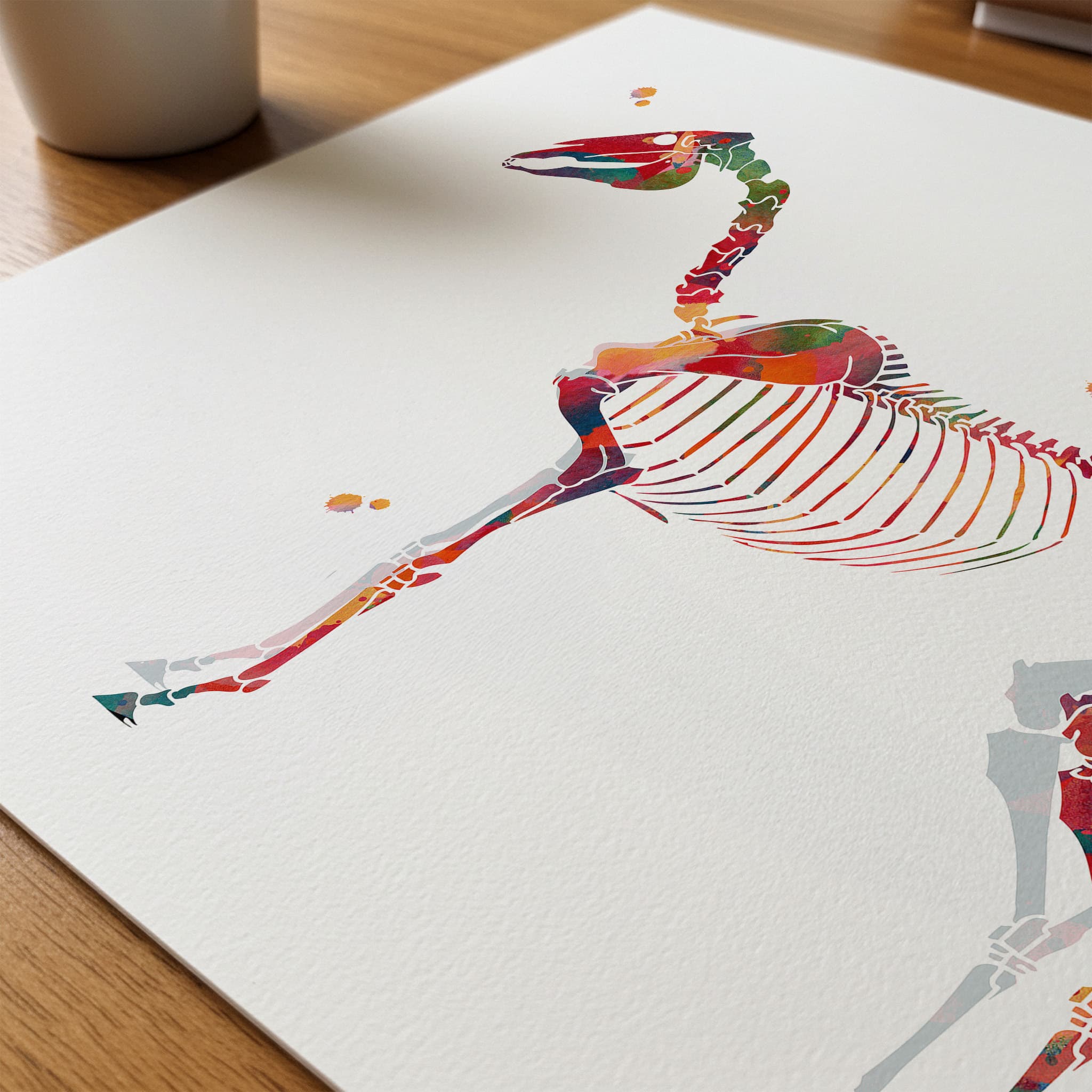 Close-up of horse skeleton watercolor print showing paper texture and grain