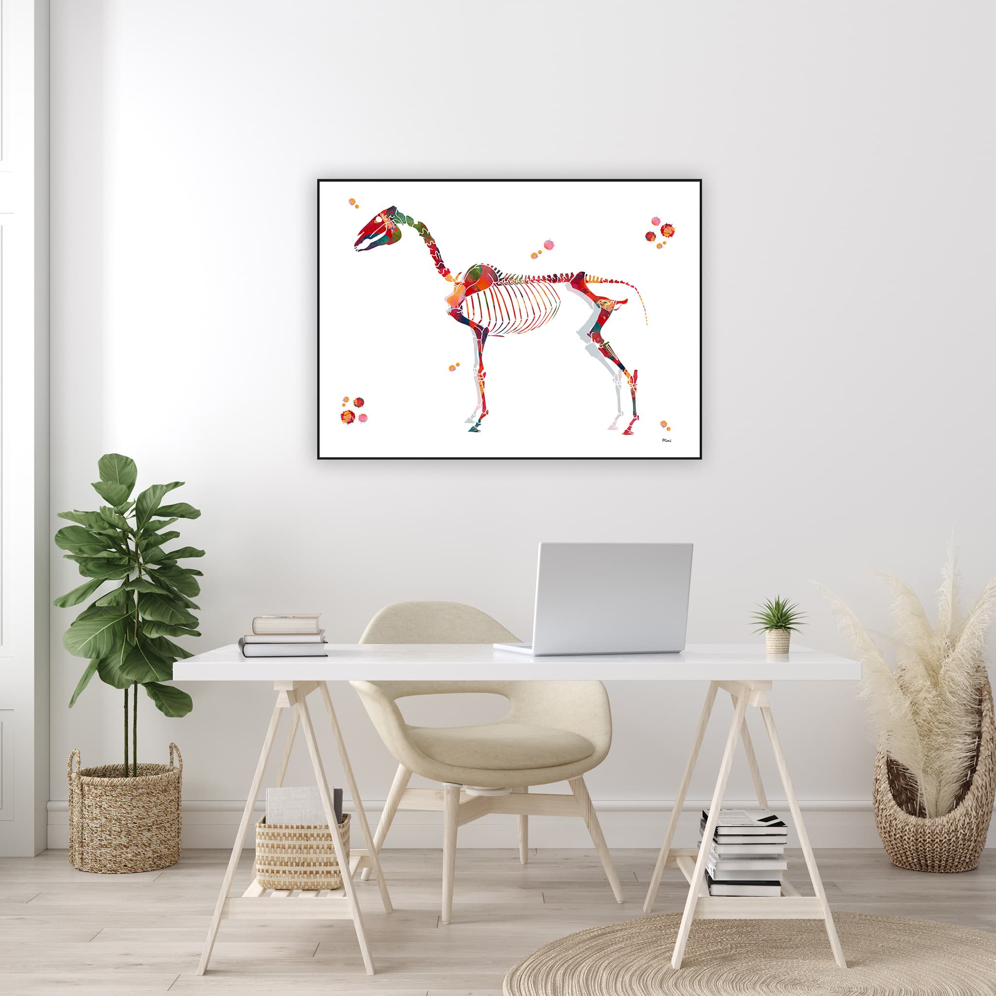 Framed horse skeleton watercolor print in a veterinary office