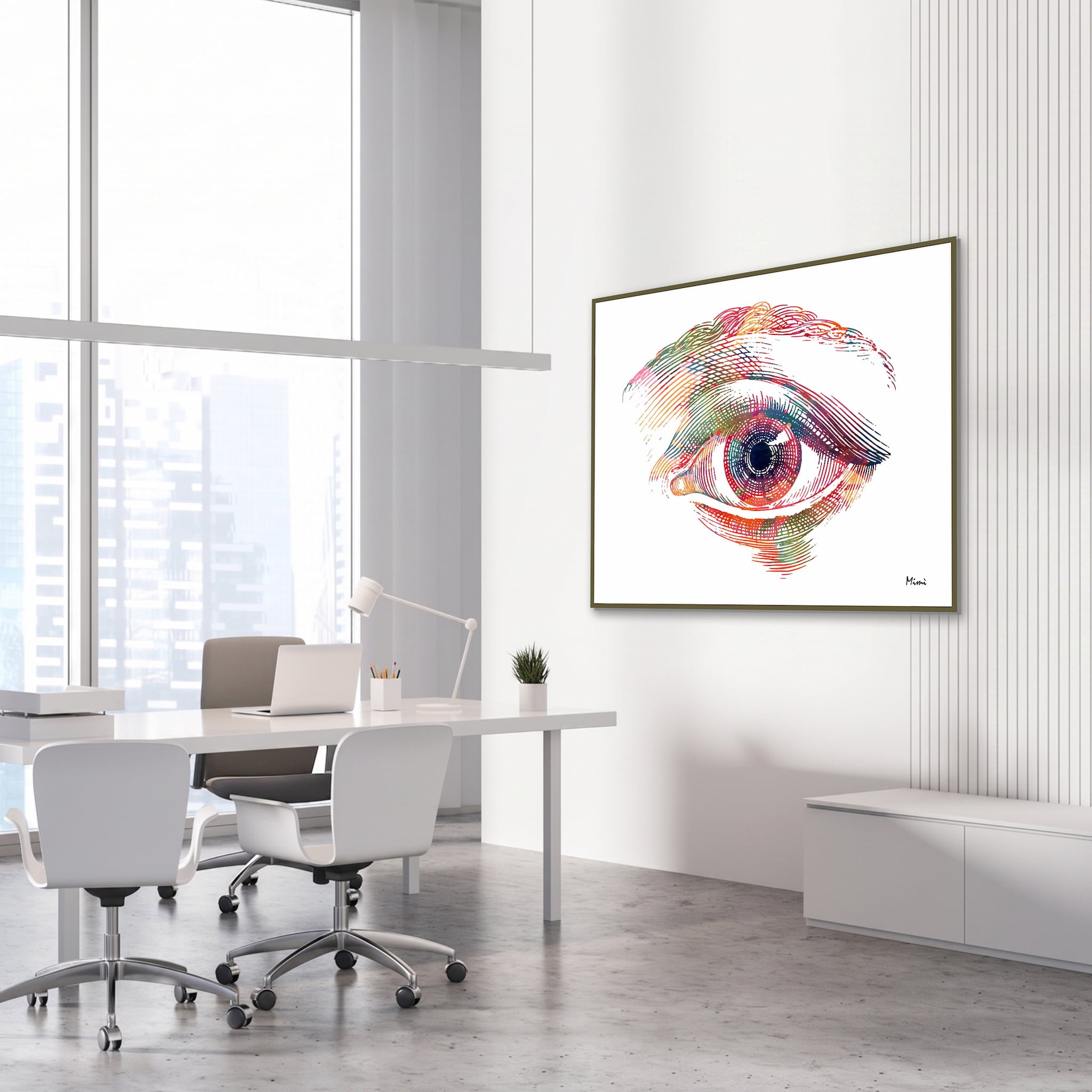 Framed human eye front view watercolor print in an ophthalmology clinic