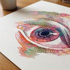 Close-up of human eye front view watercolor print showing paper texture and grain