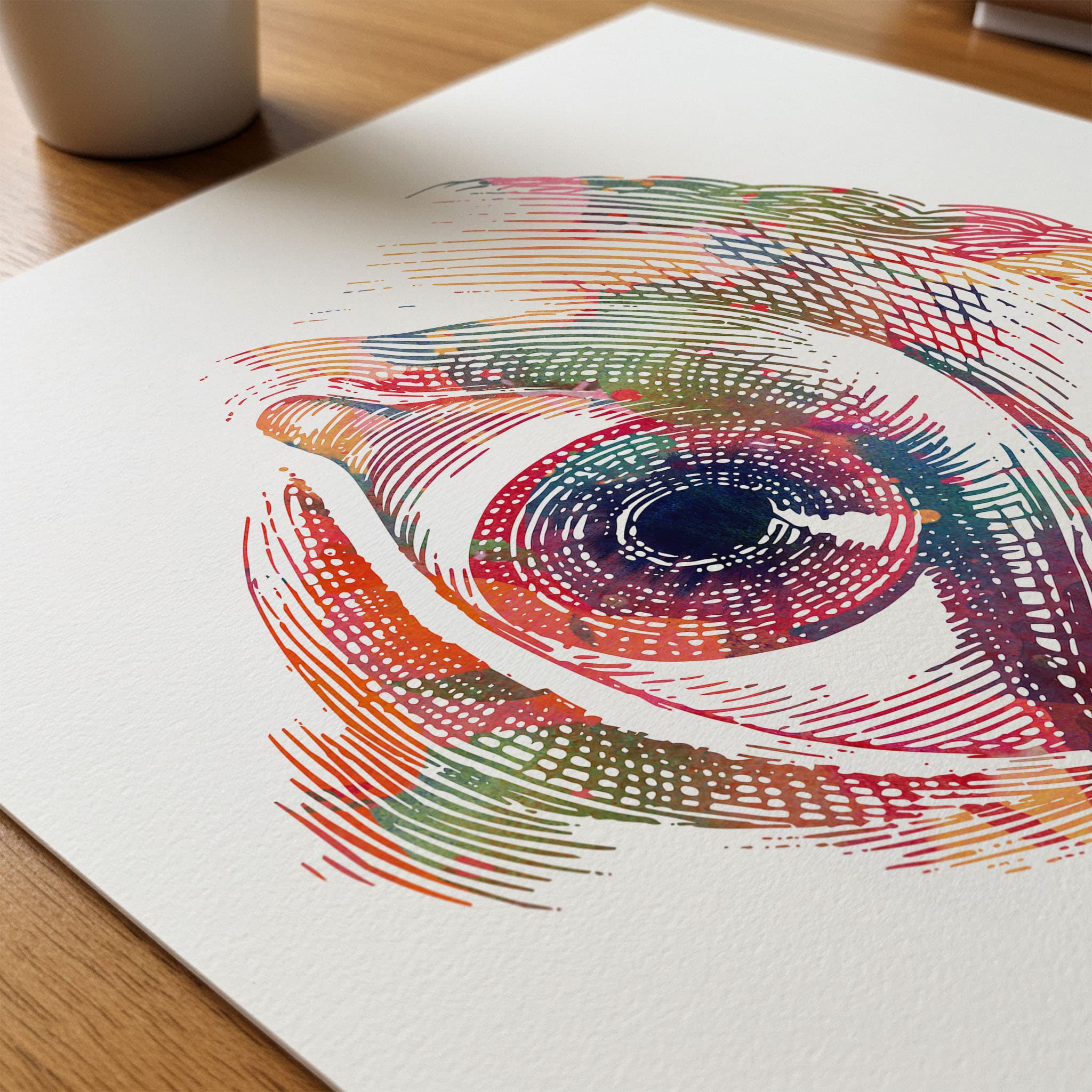 Close-up of human eye front view watercolor print showing paper texture and grain