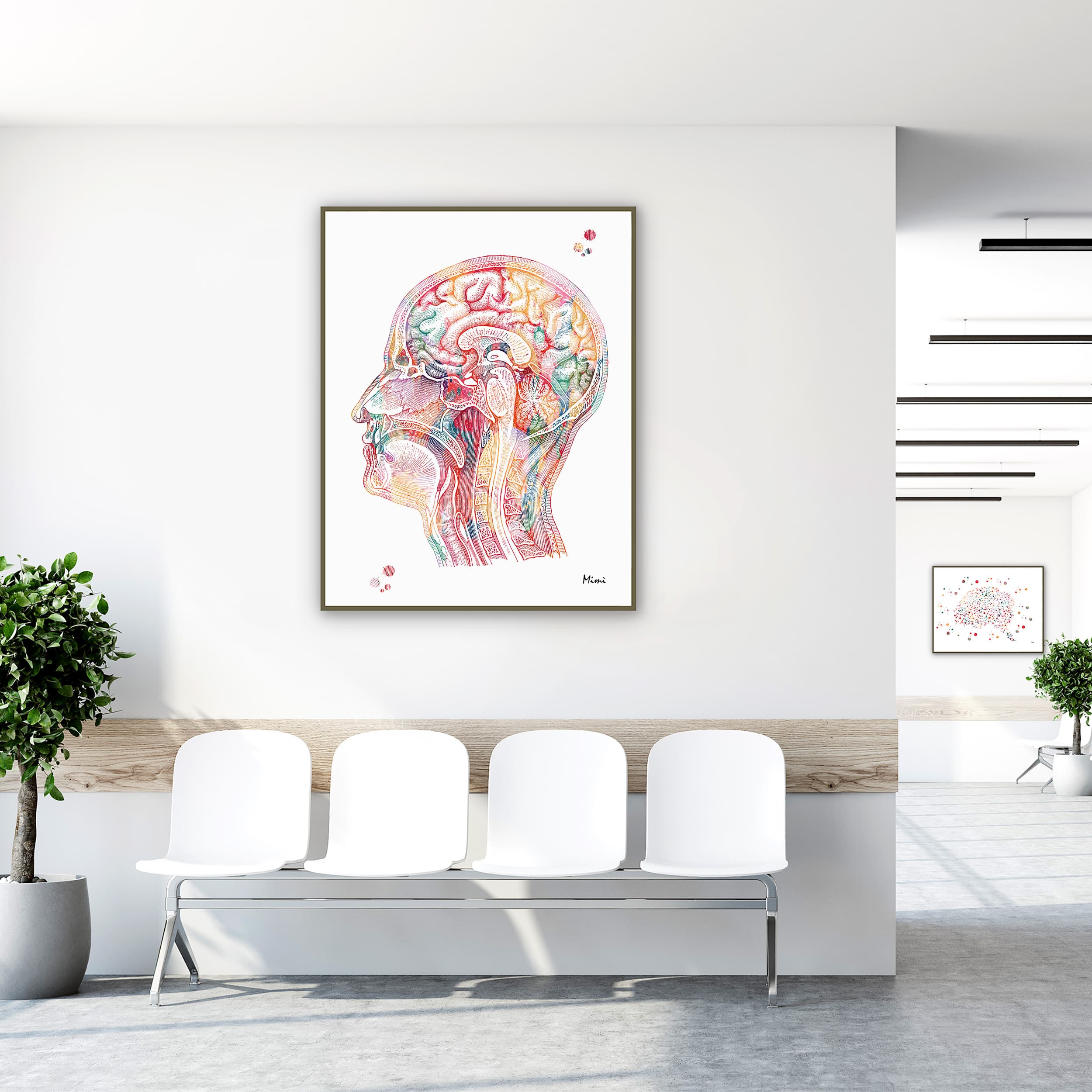 Framed human head section anatomy watercolor print in a clinic waiting room