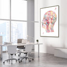 Framed human head section anatomy watercolor print in a neurology clinic