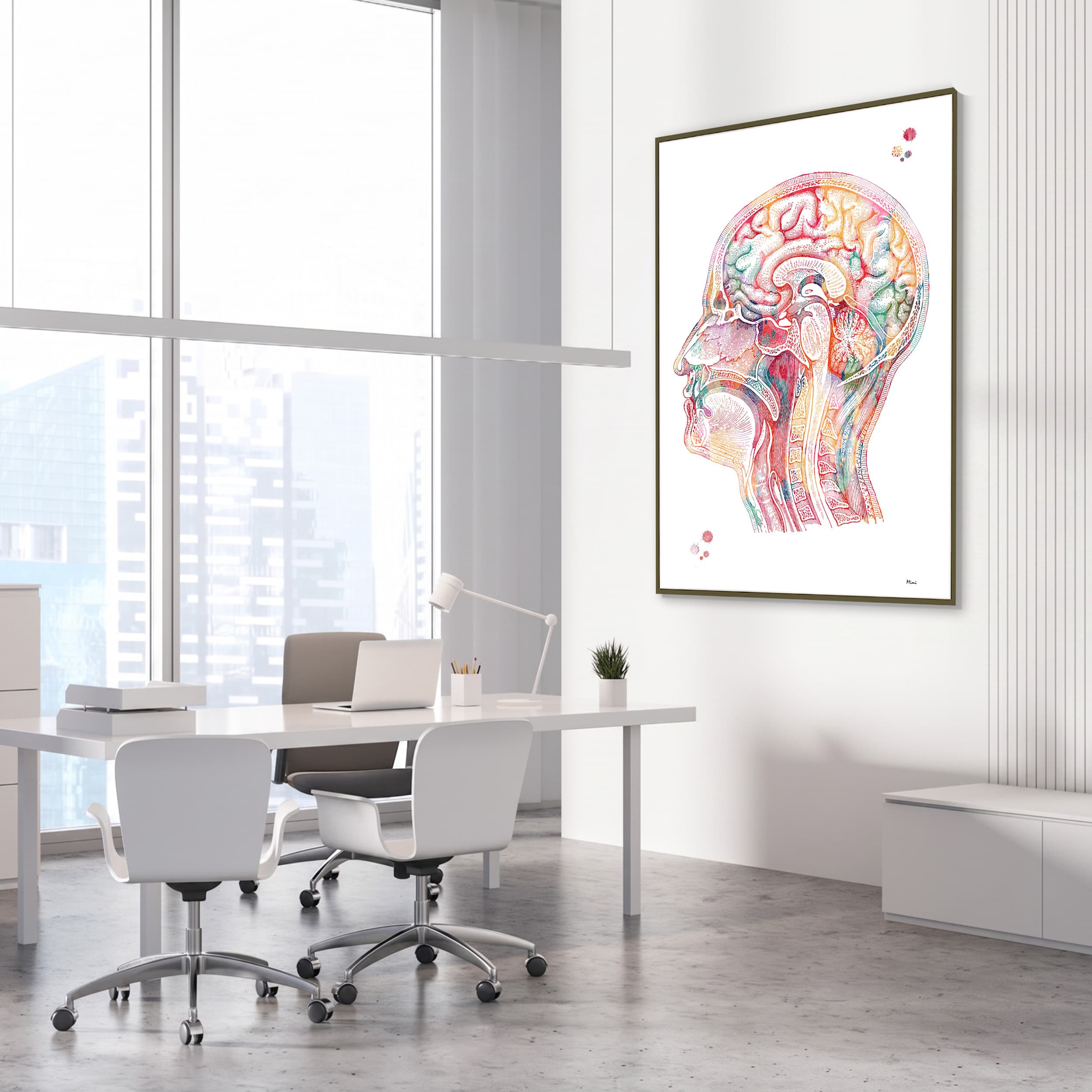 Framed human head section anatomy watercolor print in a neurology clinic
