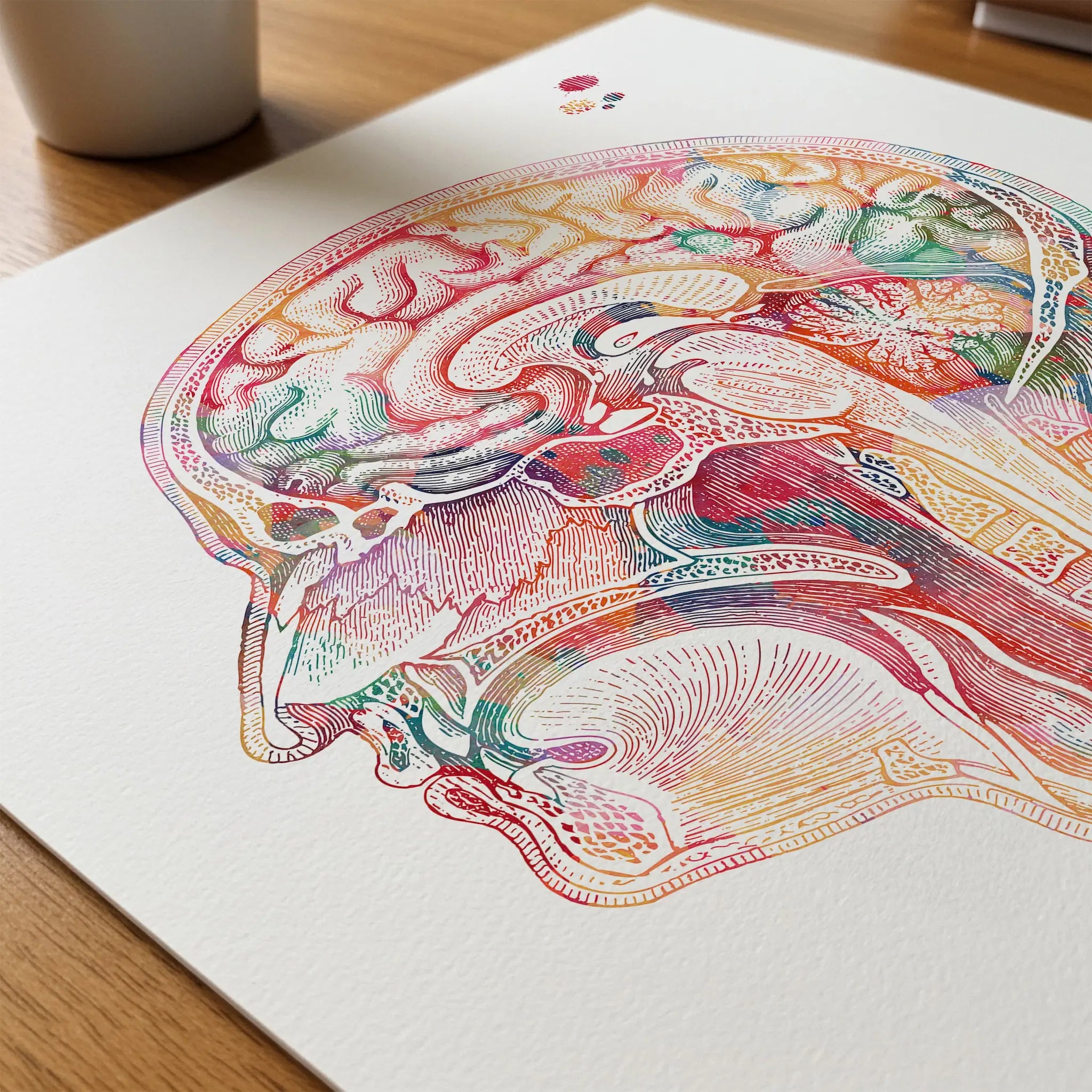 Close-up of human head section anatomy watercolor print showing paper texture and grain