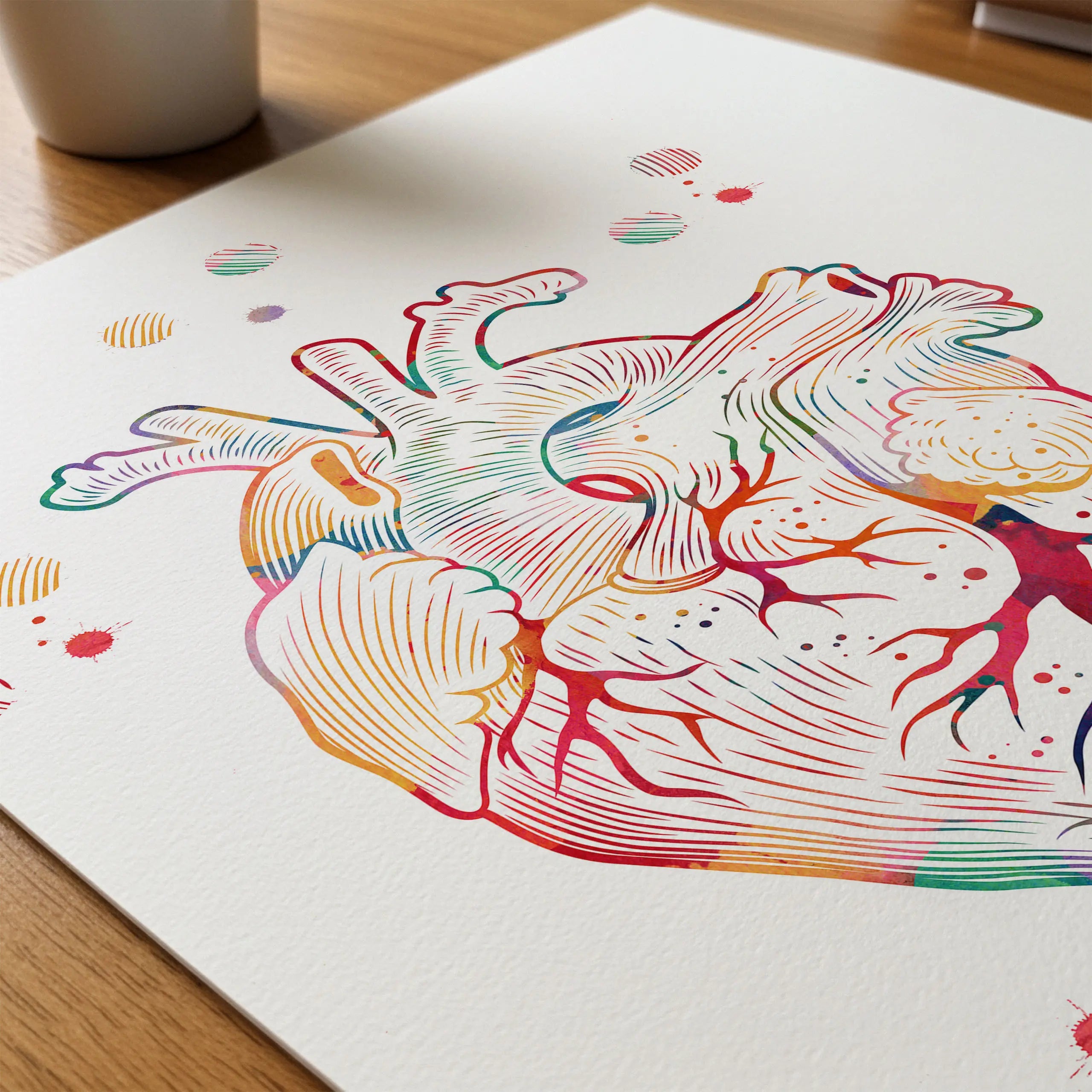 Close-up of human heart anatomy watercolor print showing paper texture and grain