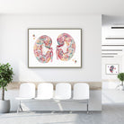 Framed human kidneys anatomy watercolor print in a clinic waiting room