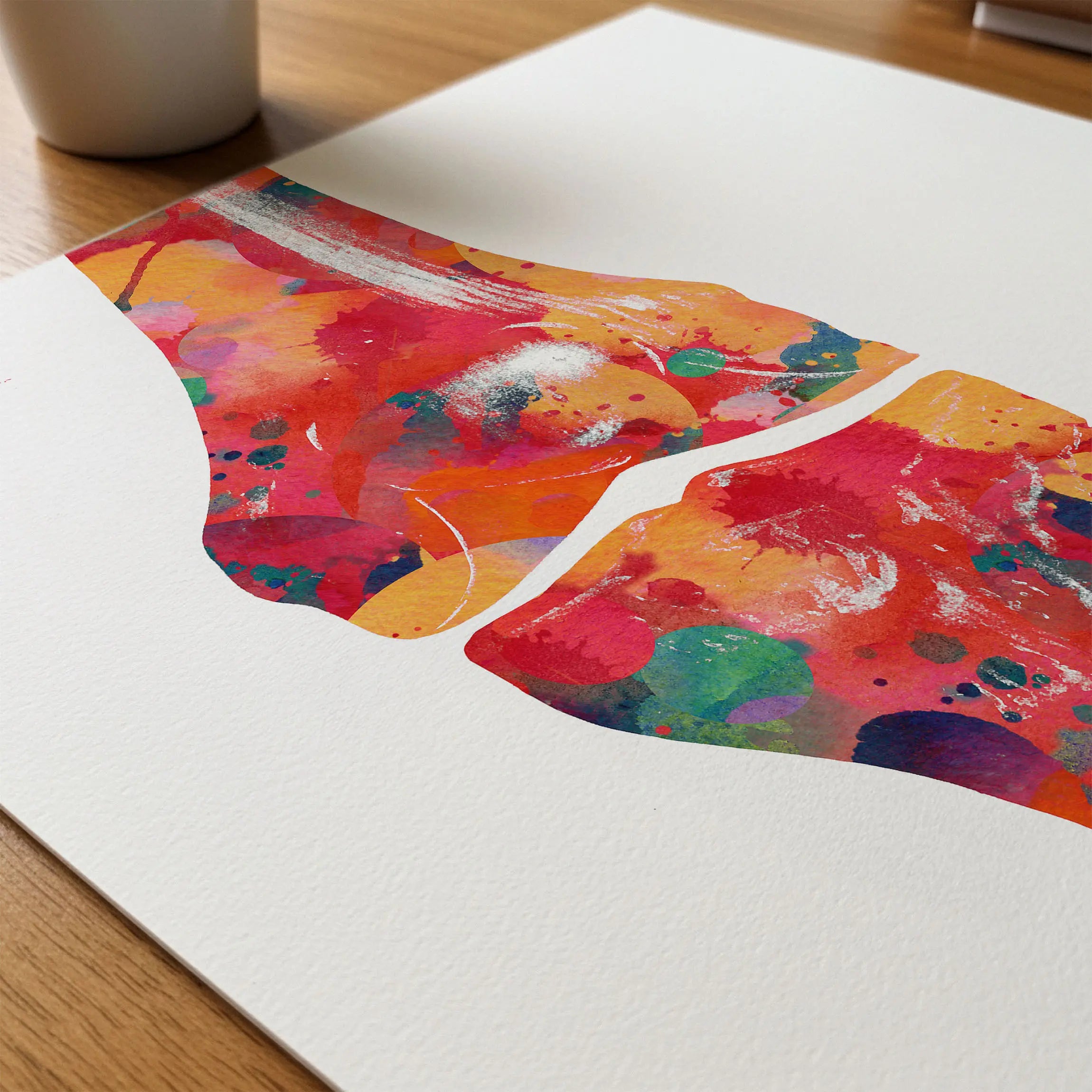 Close-up of knee bone anatomy watercolor print showing paper texture and grain