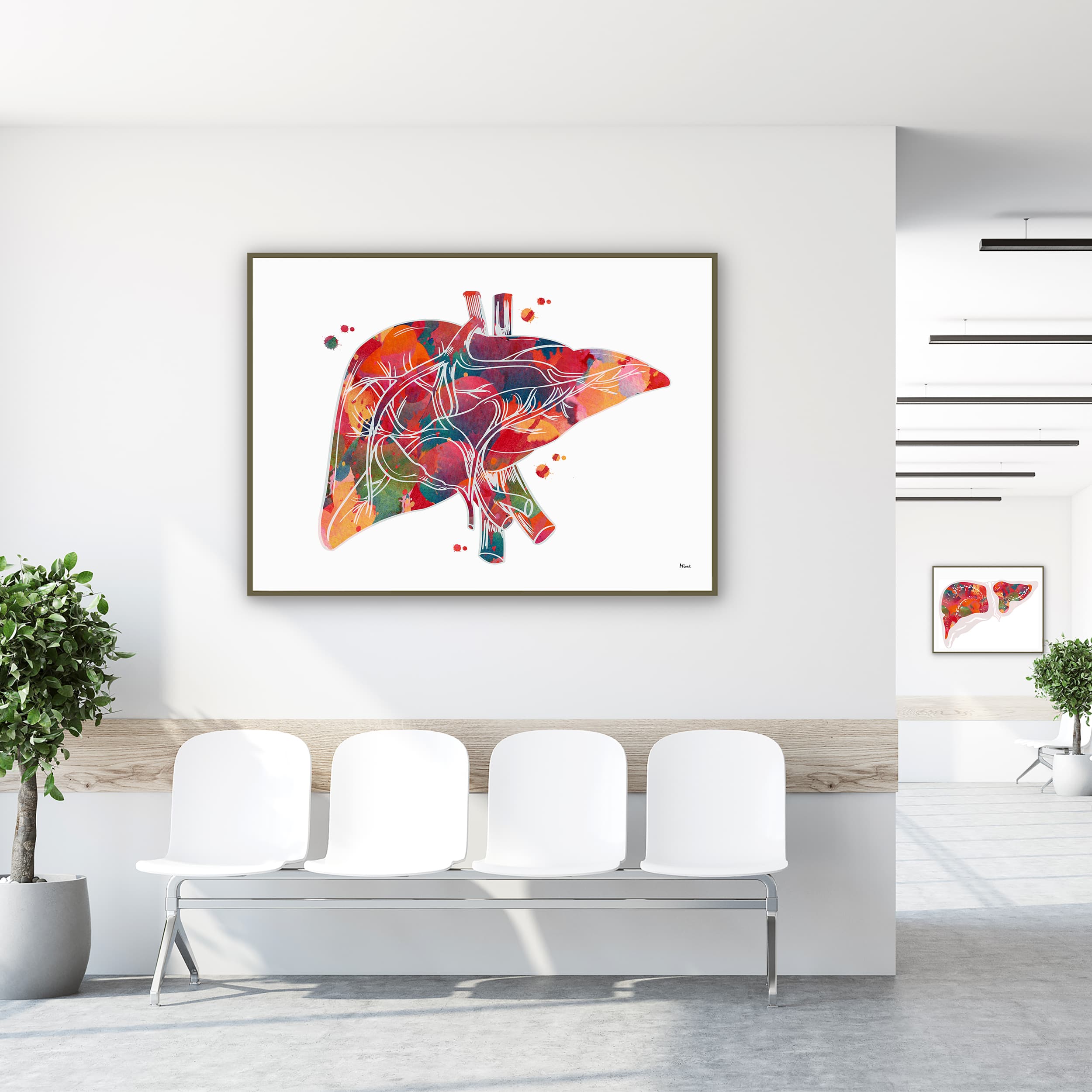 Framed human liver anatomy watercolor print in a clinic waiting room