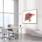 Framed human liver anatomy watercolor print in a gastroenterology clinic