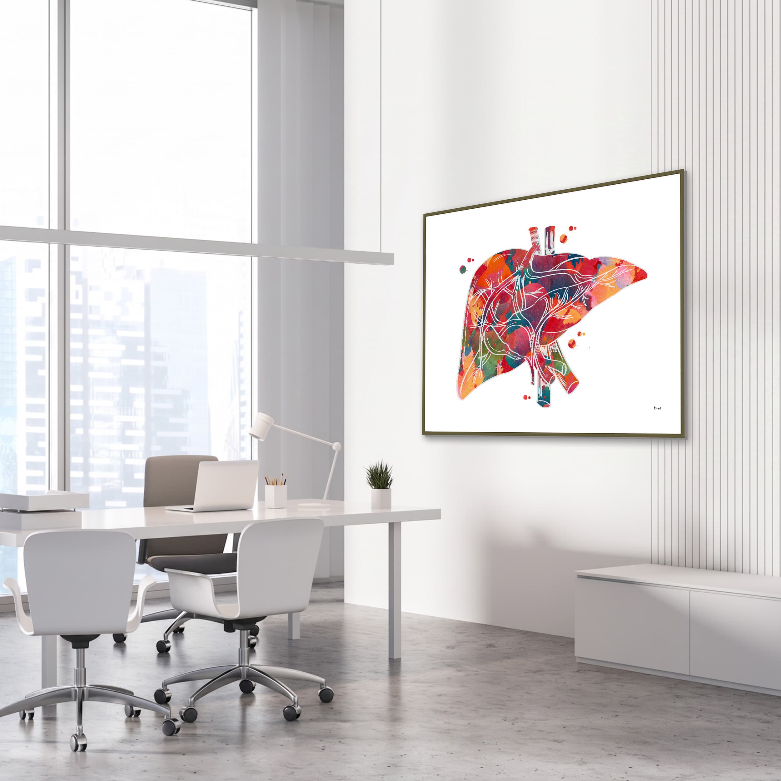 Framed human liver anatomy watercolor print in a gastroenterology clinic