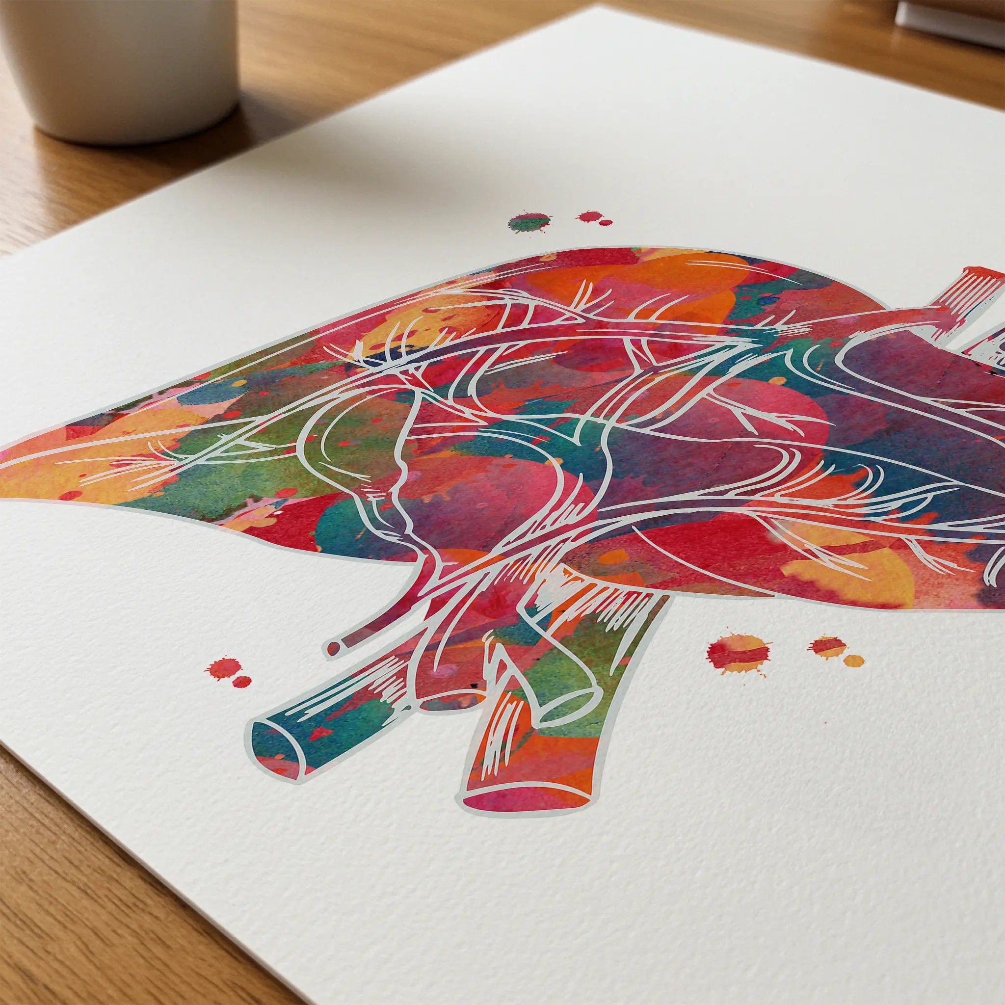 Close-up of human liver anatomy watercolor print showing paper texture and grain