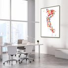 Framed human protein molecular structure watercolor print in a science laboratory office