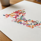 Close-up of human protein molecular structure watercolor print showing paper texture and grain