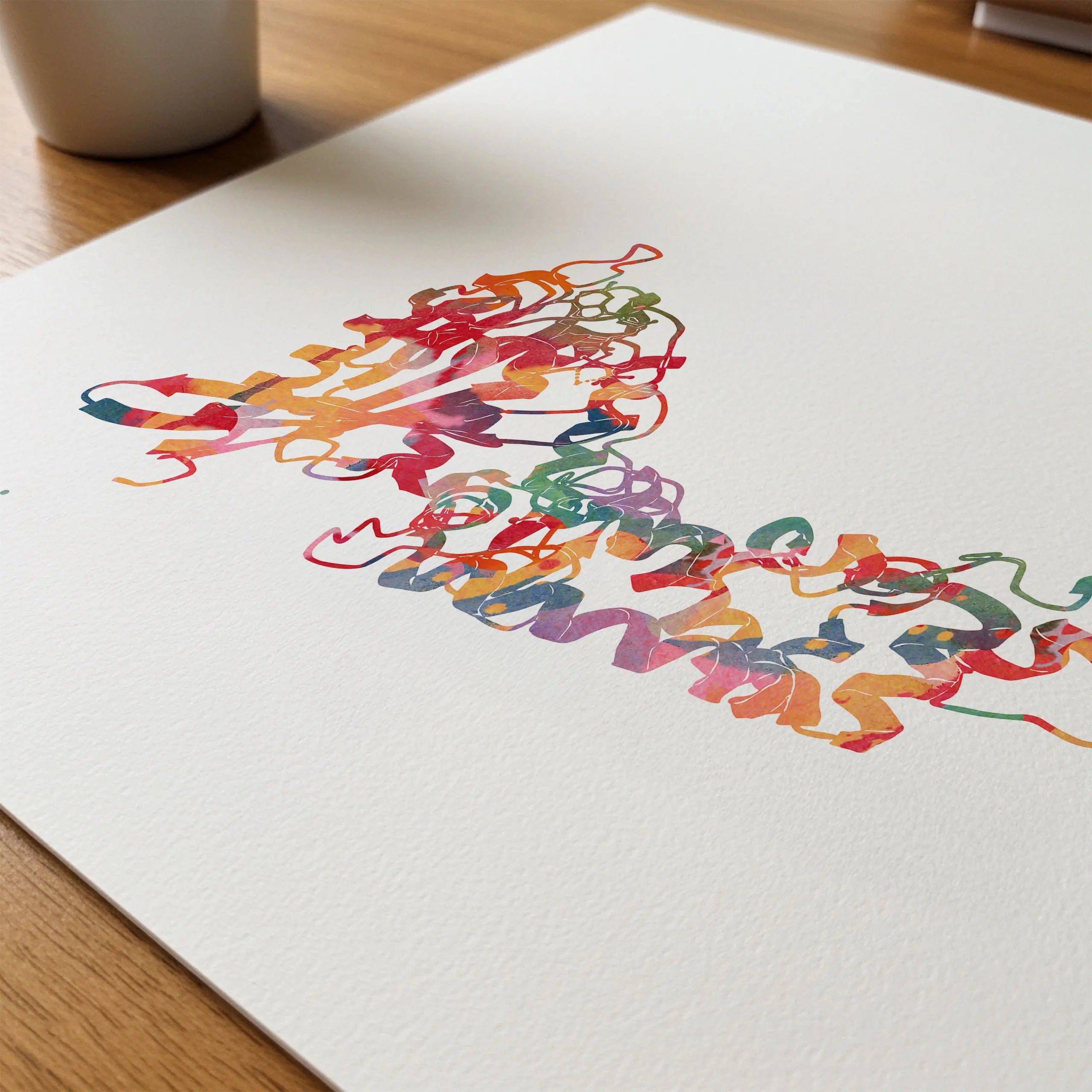 Close-up of human protein molecular structure watercolor print showing paper texture and grain