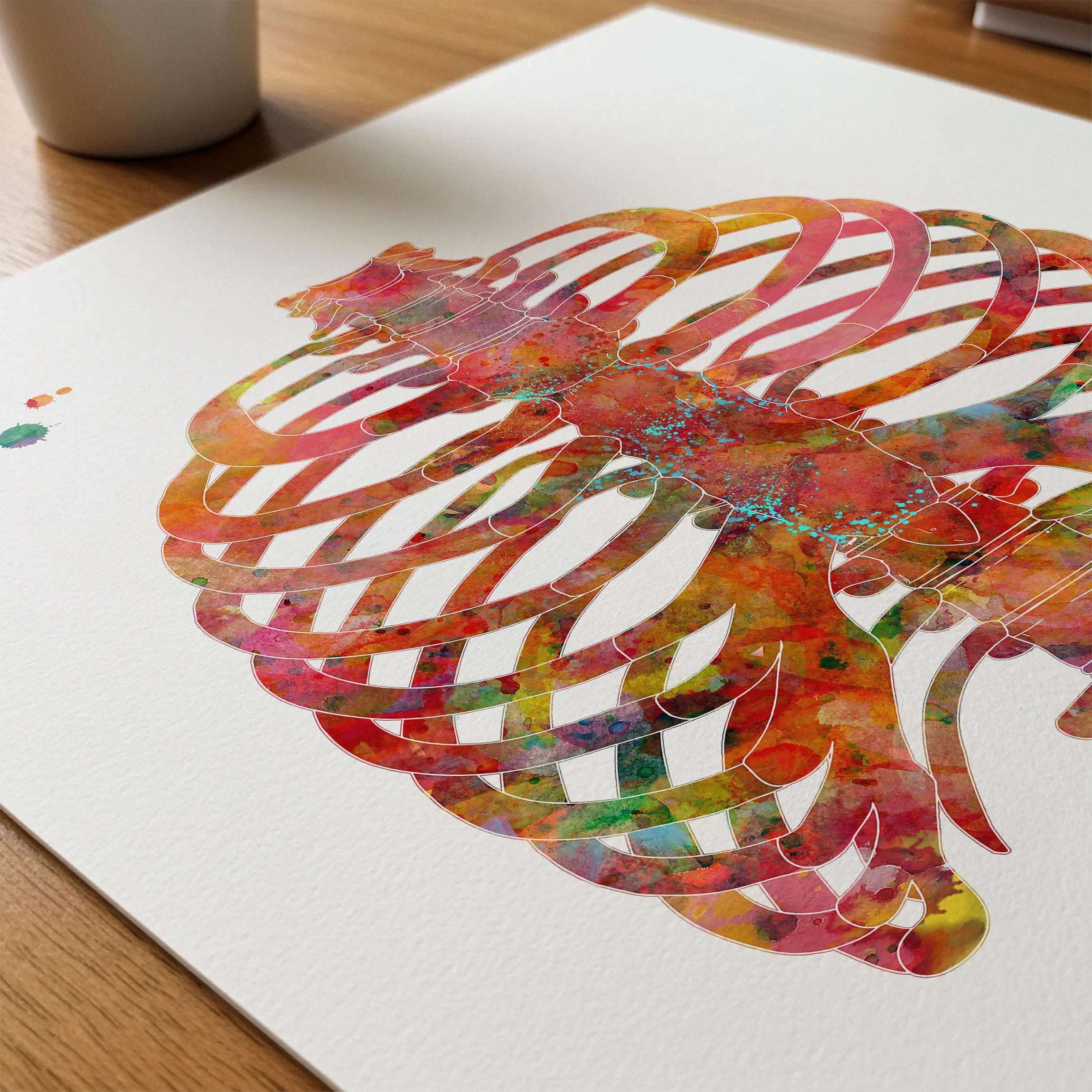Close-up of human rib cage anatomy watercolor print showing paper texture and grain