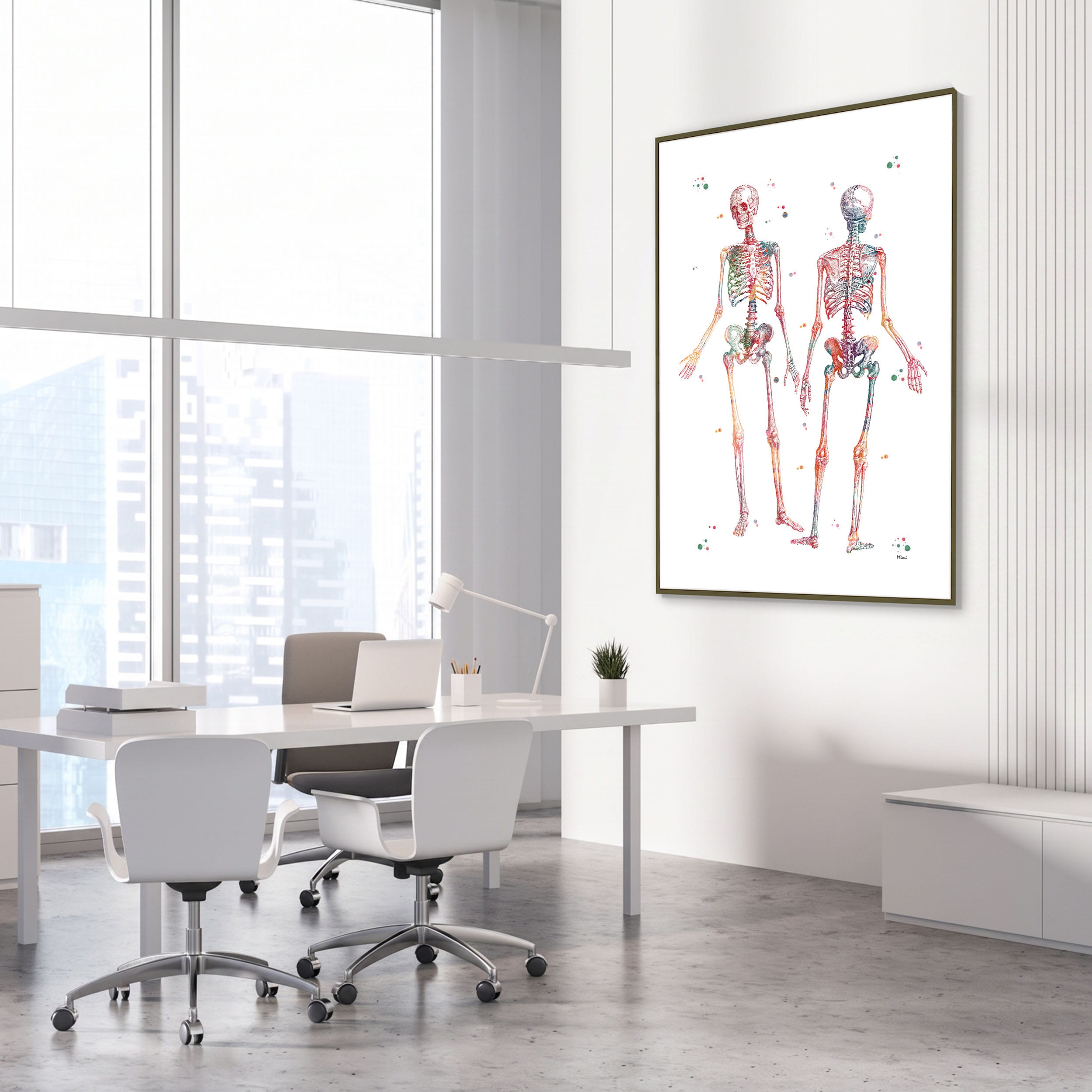 Human Skeleton Anatomy watercolor art print for orthopedic clinic wall decor