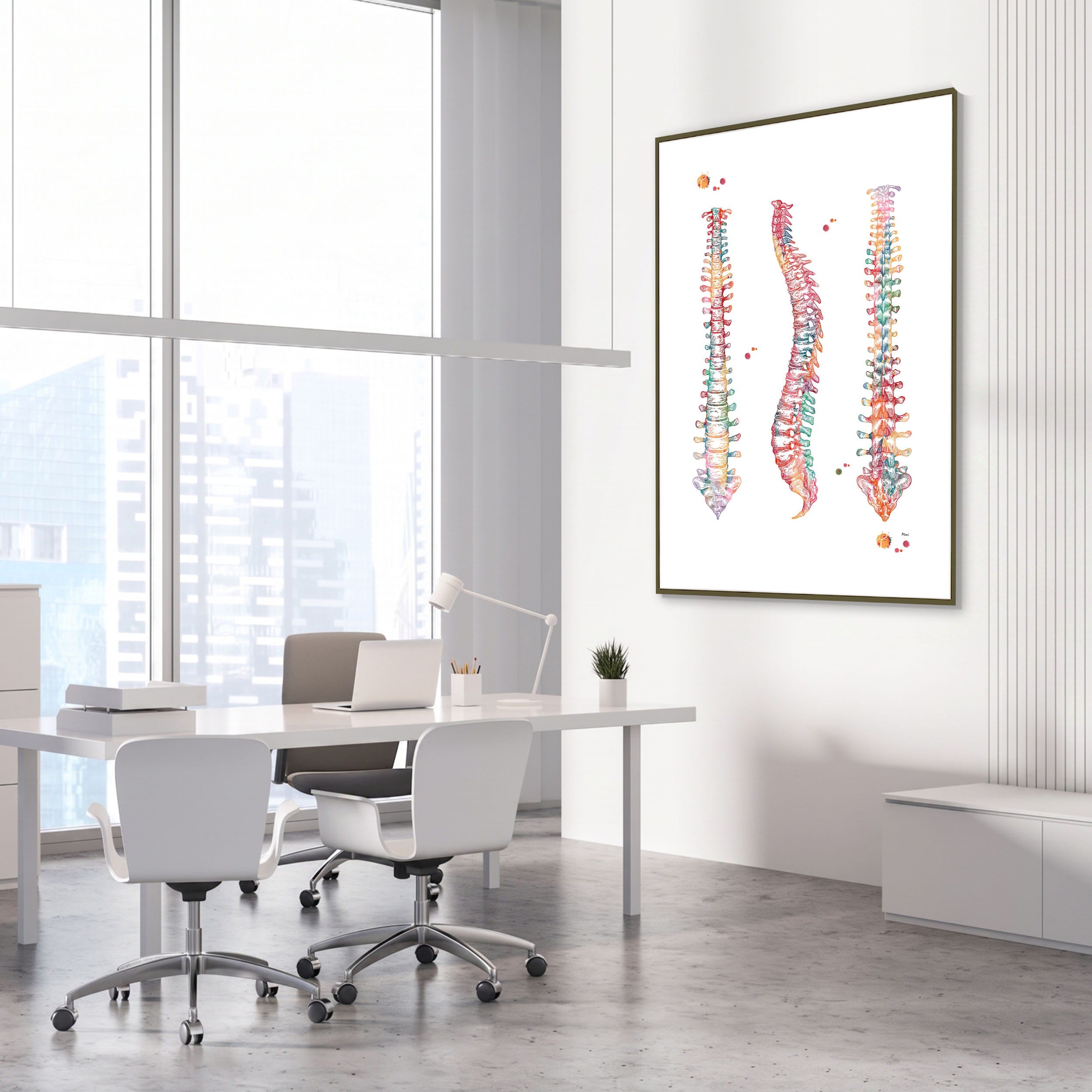 Framed human spine & spinal cord anatomy watercolor print in a medical clinic