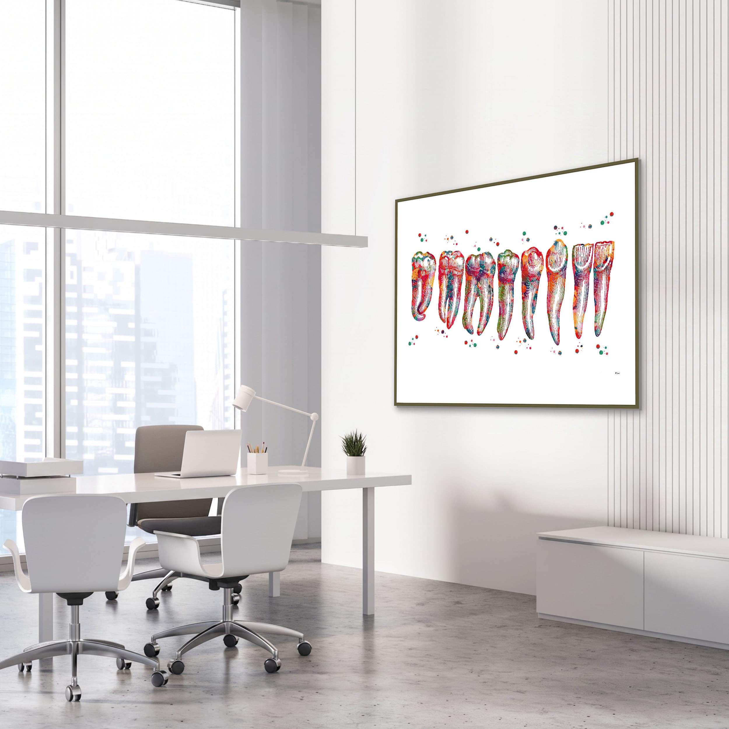 Framed human teeth anatomy watercolor print in a dental clinic