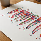 Close-up of human teeth anatomy watercolor print showing paper texture and grain