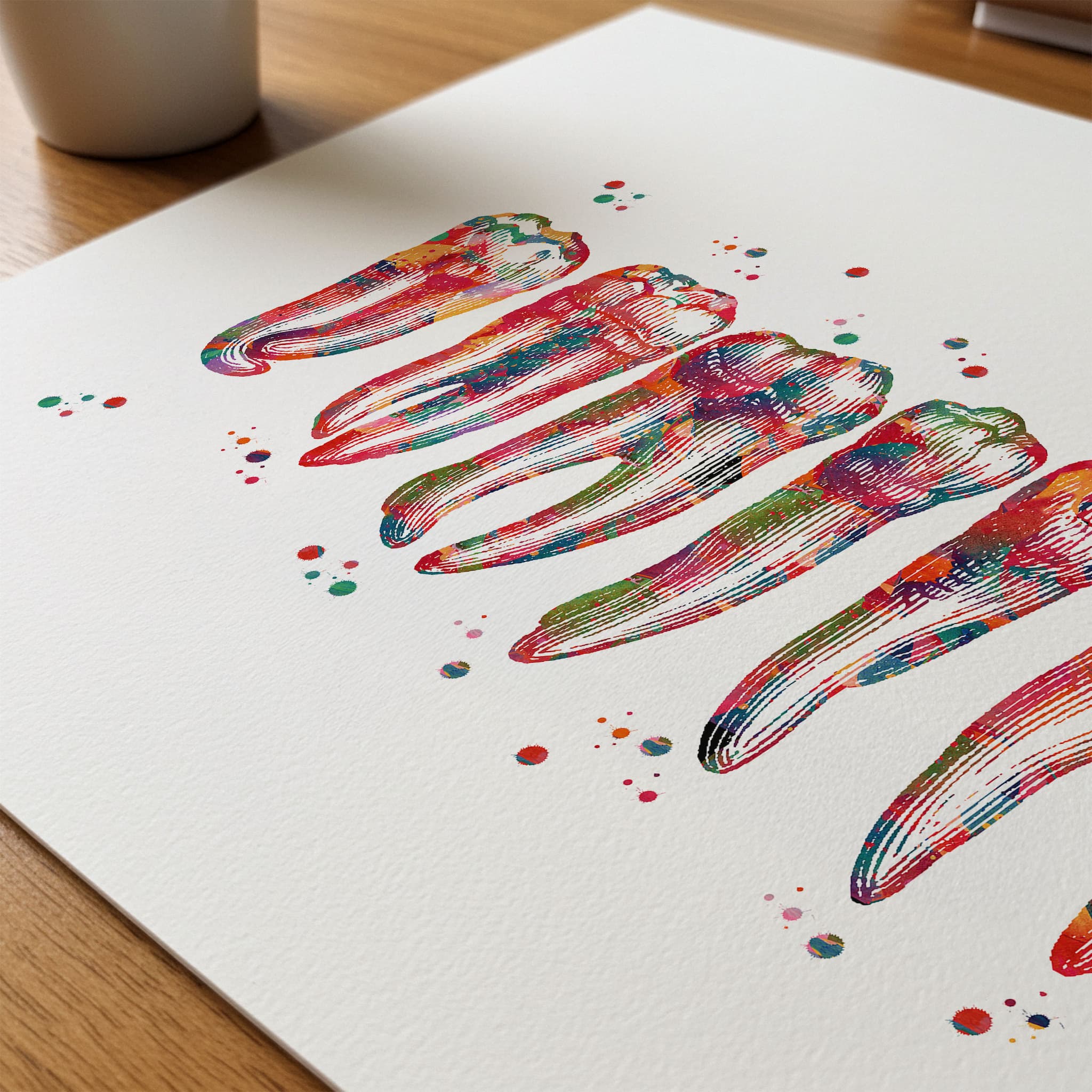 Close-up of human teeth anatomy watercolor print showing paper texture and grain