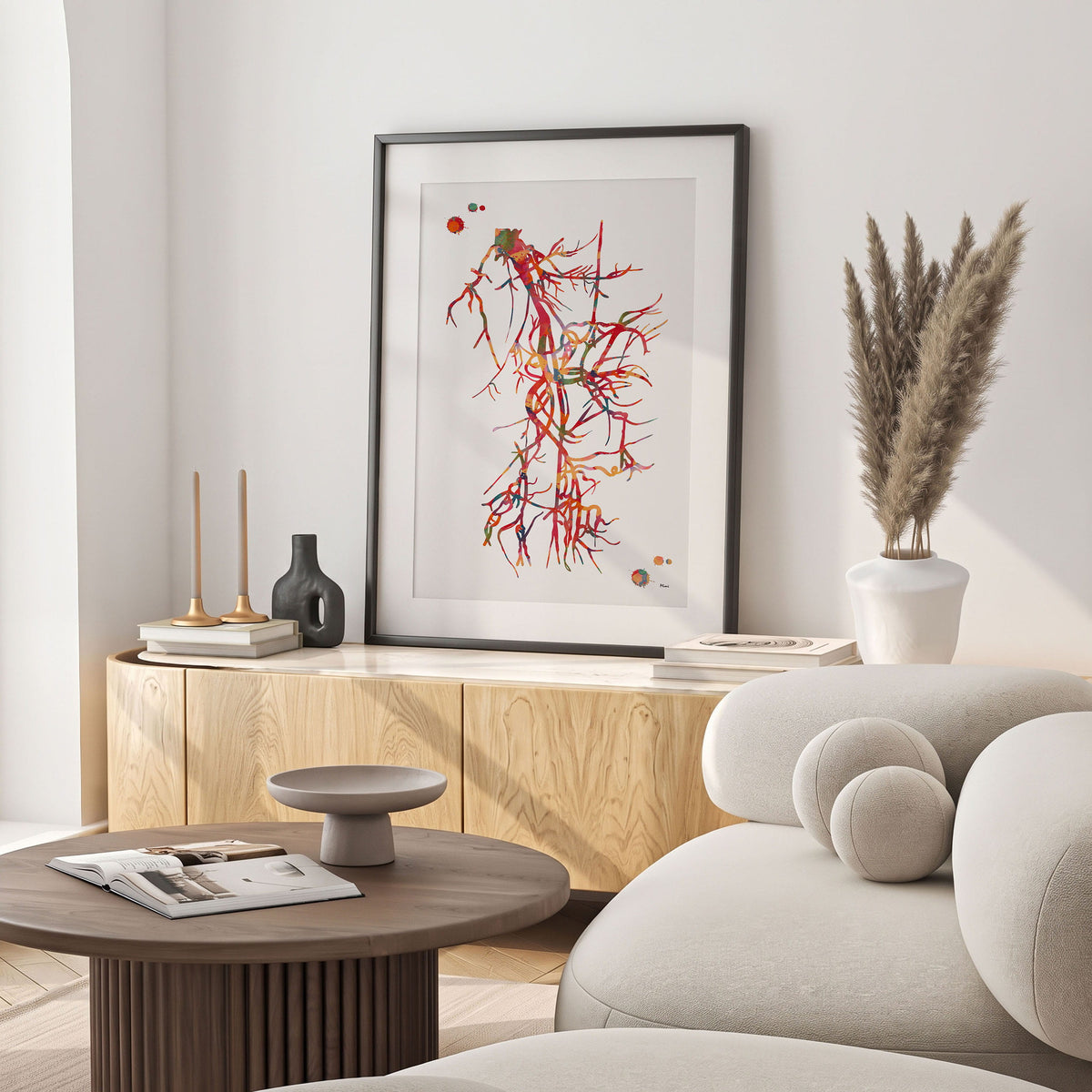 Framed iliac and femoral artery angiogram watercolor print in a warm living room