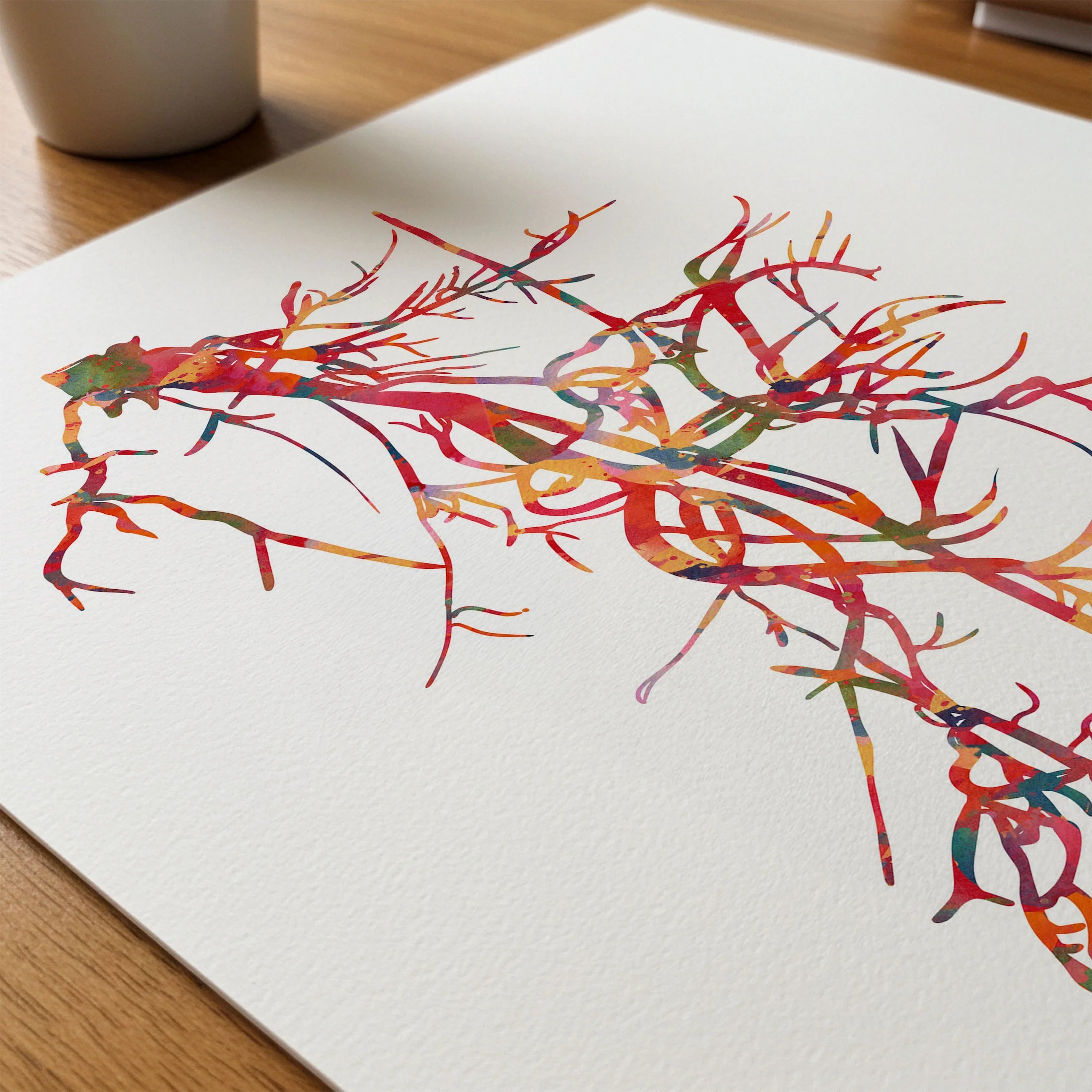 Close-up of iliac and femoral artery angiogram watercolor print showing paper texture and grain