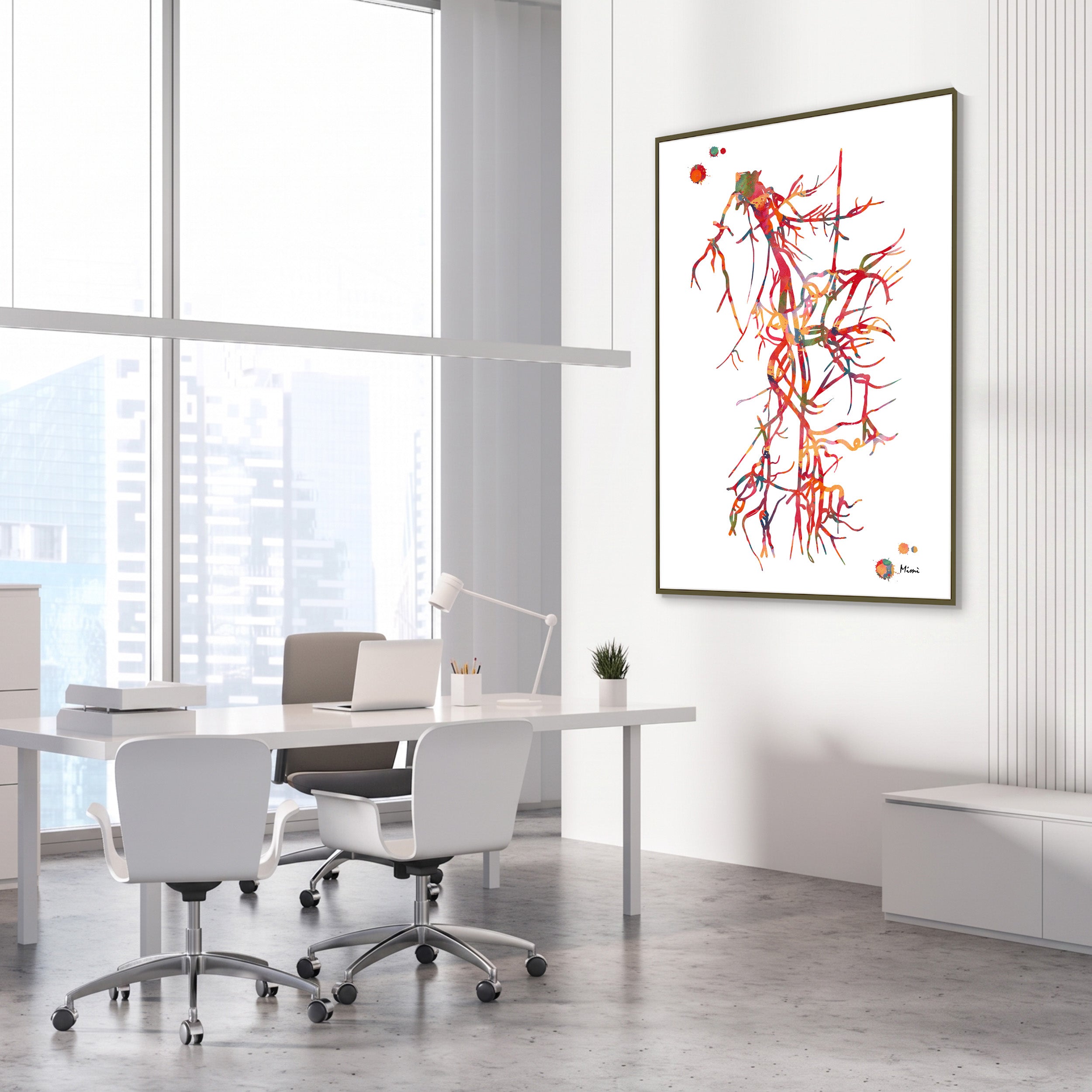 Framed iliac and femoral artery angiogram watercolor print in a vascular clinic
