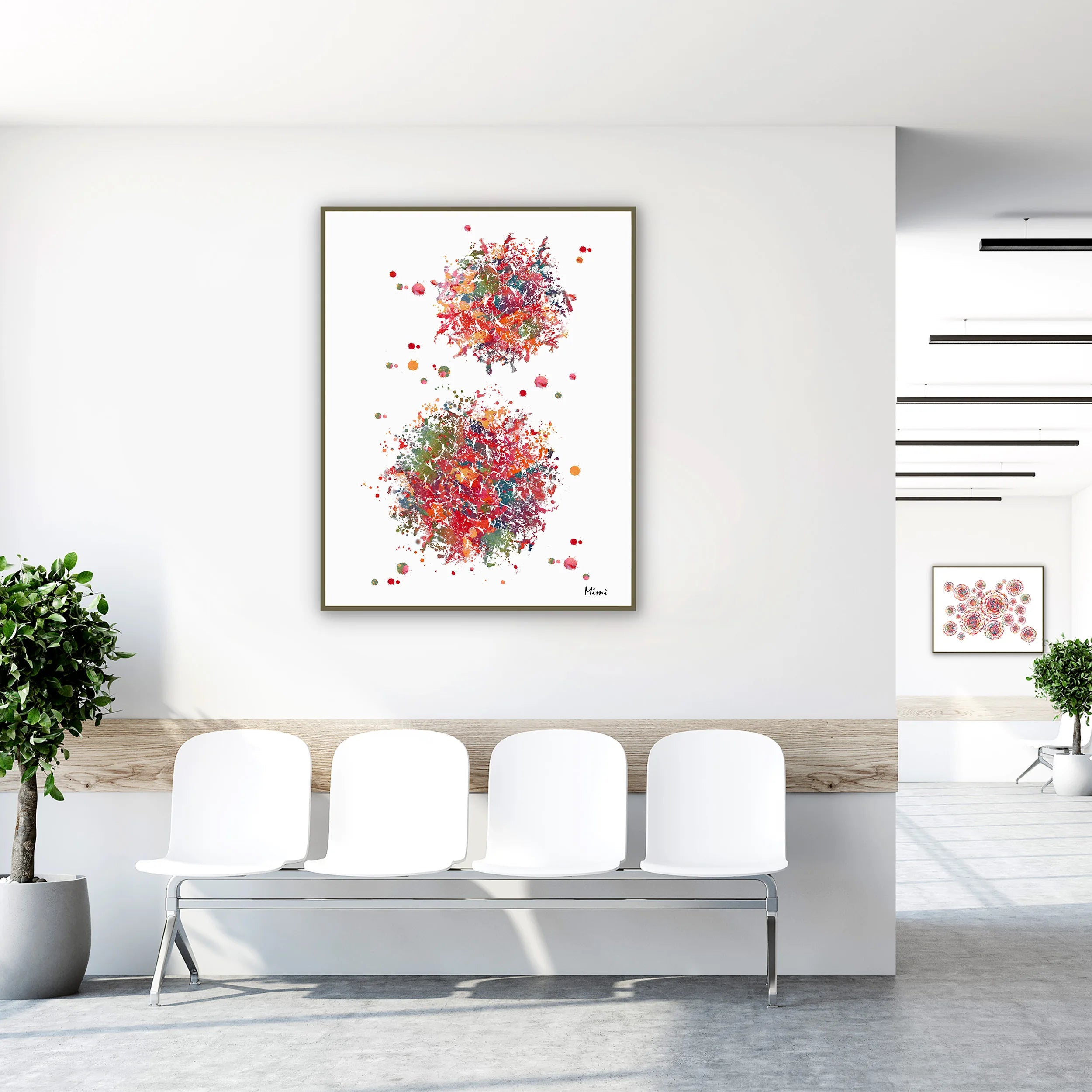 Framed immune system t-lymphocytes watercolor print in a clinic waiting room