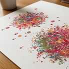 Close-up of immune system t-lymphocytes watercolor print showing paper texture and grain