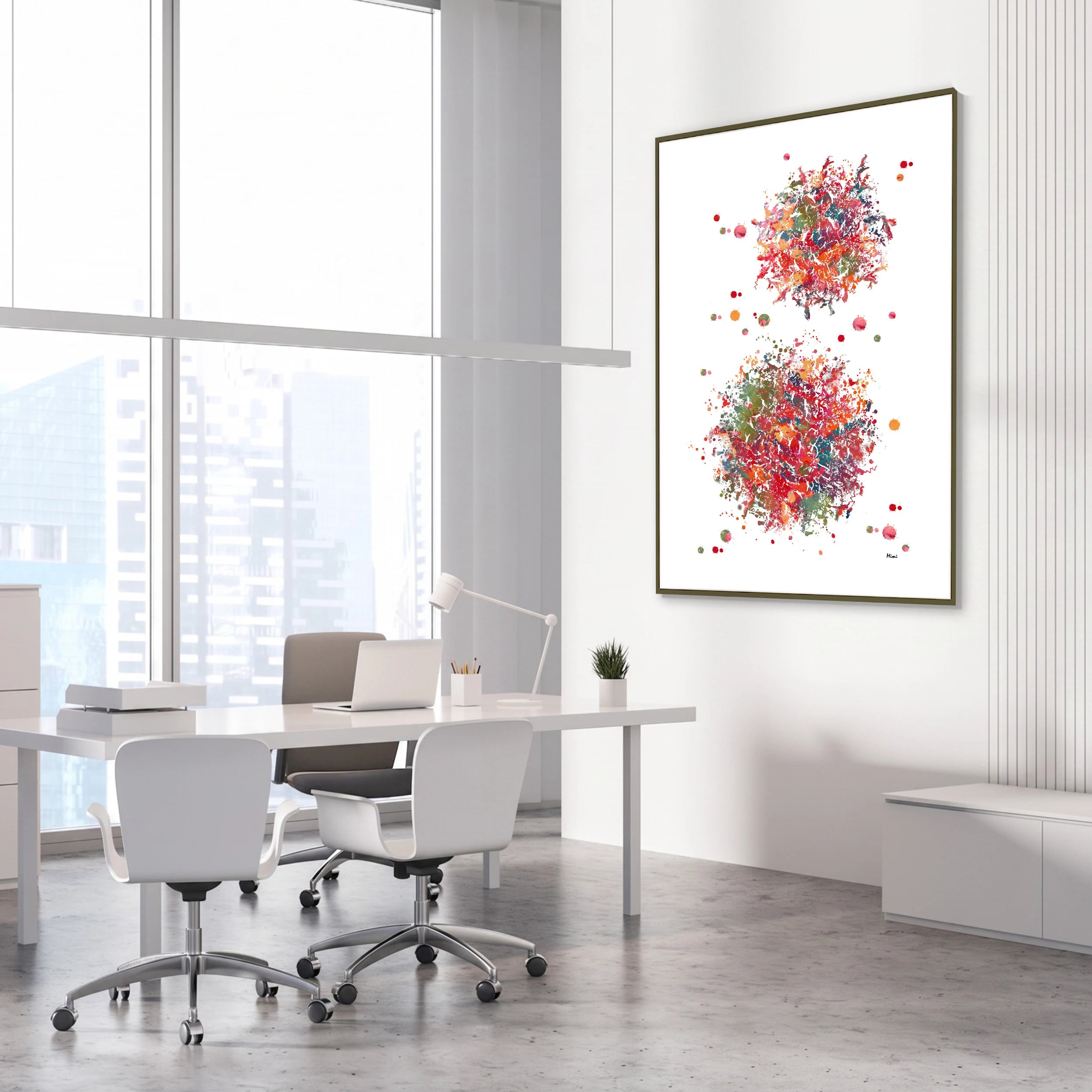 Framed immune system t-lymphocytes watercolor print in a science laboratory office