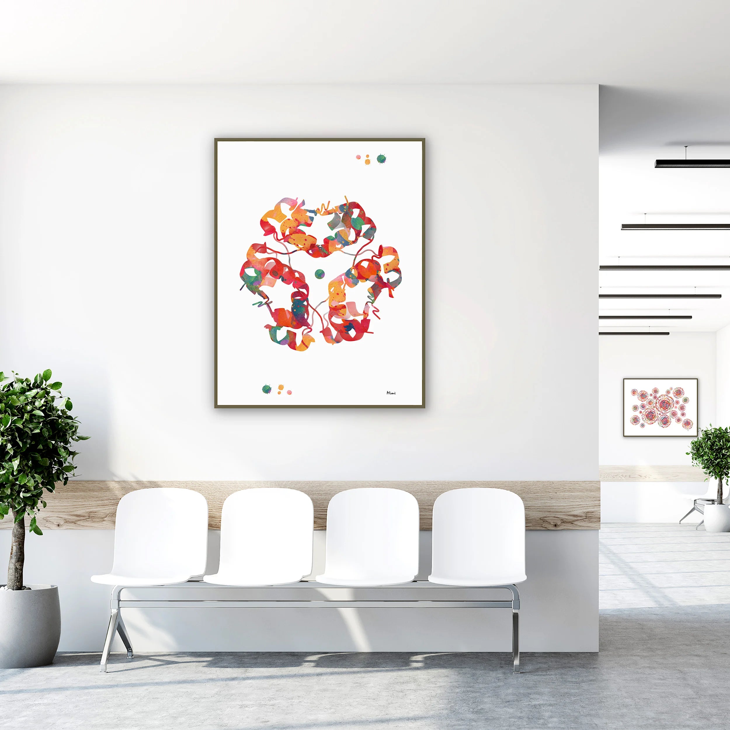 Framed insulin molecular structure watercolor print in a clinic waiting room