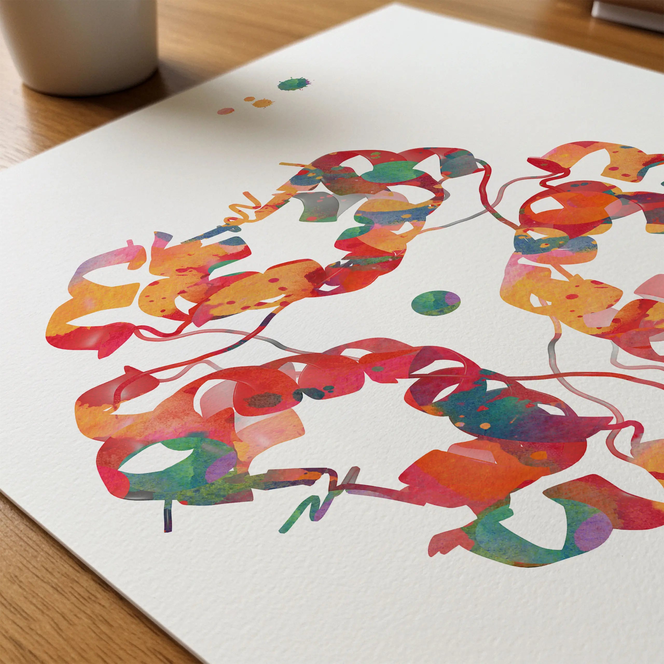 Close-up of insulin molecular structure watercolor print showing paper texture and grain