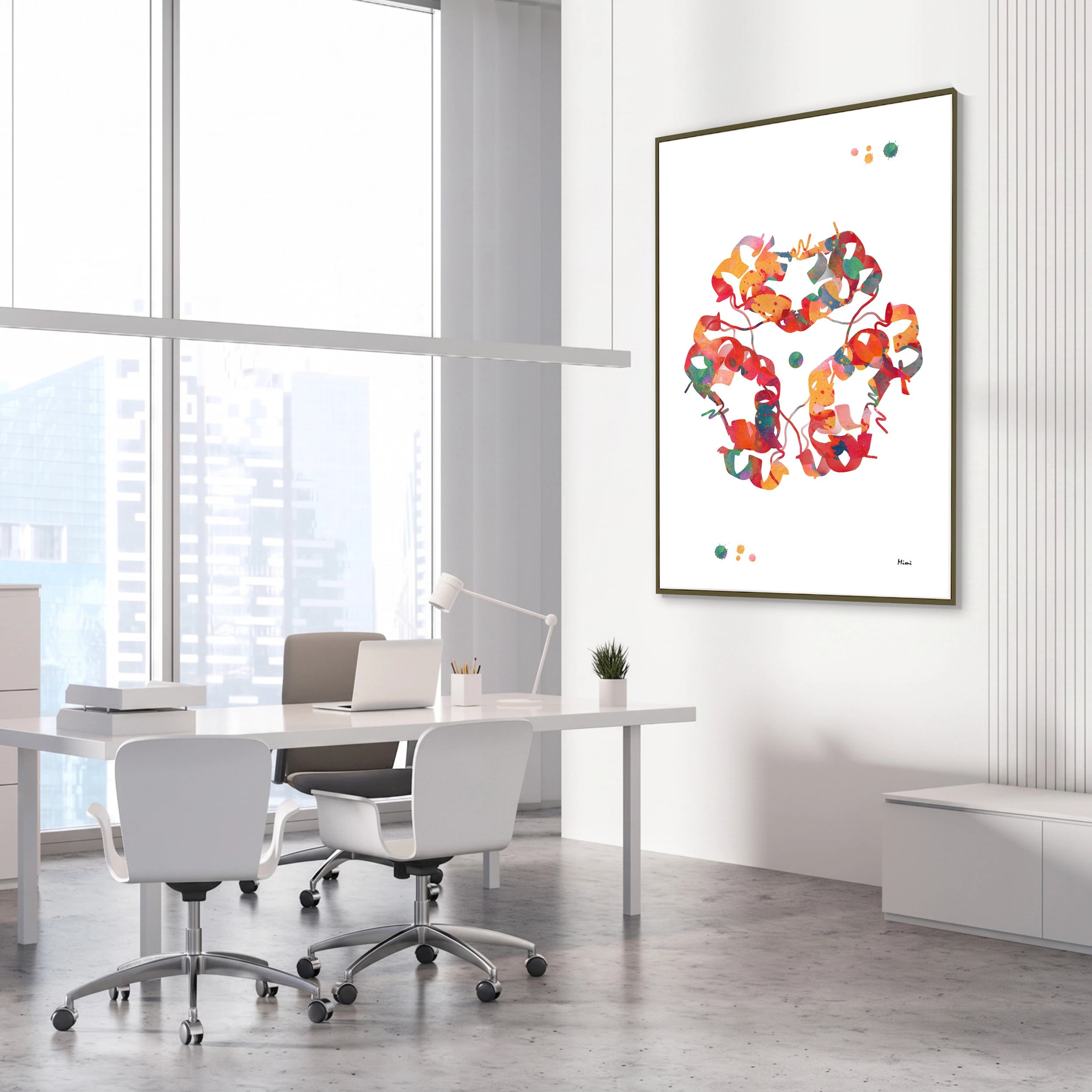 Framed insulin molecular structure watercolor print in a science laboratory office