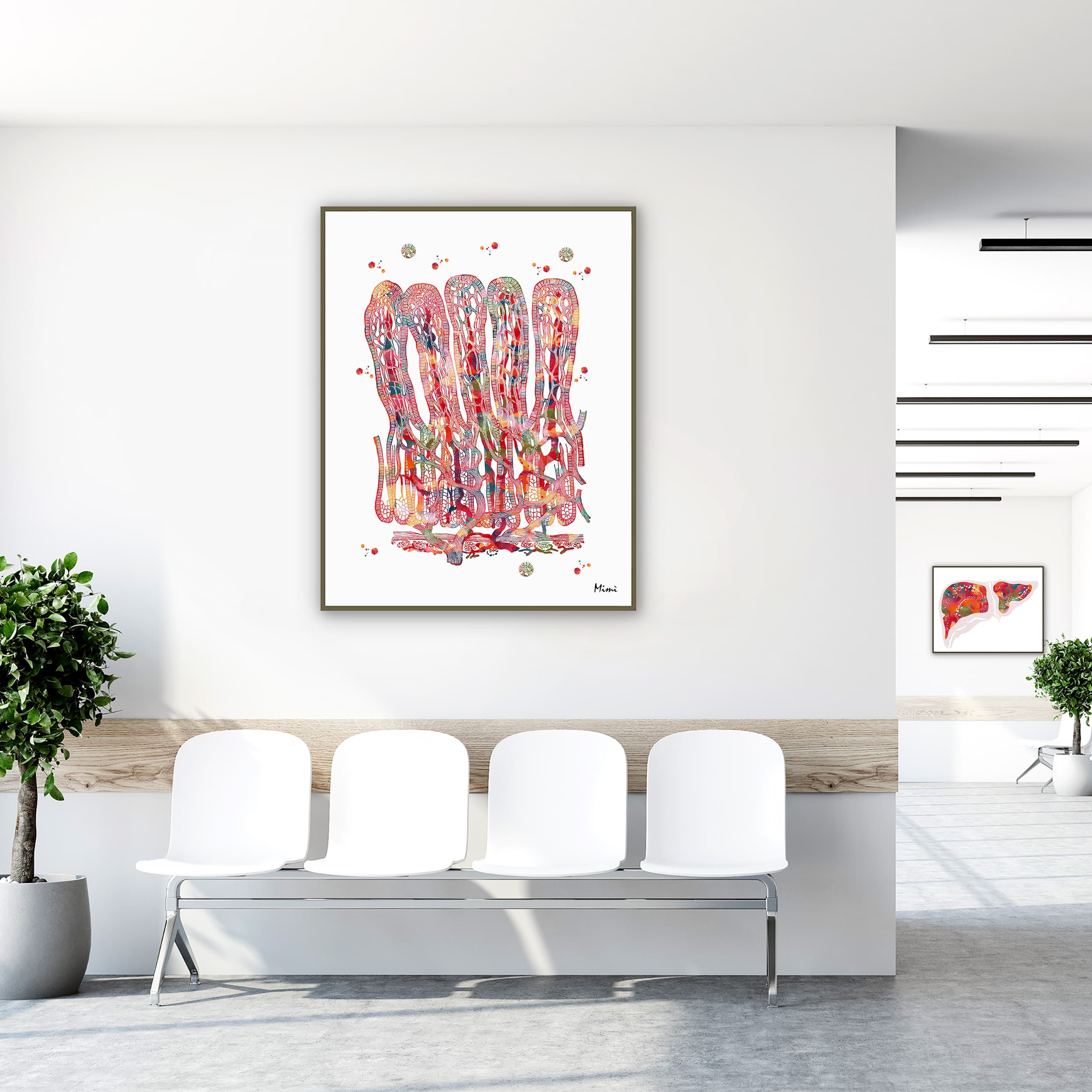 Framed intestinal villi watercolor print in a clinic waiting room