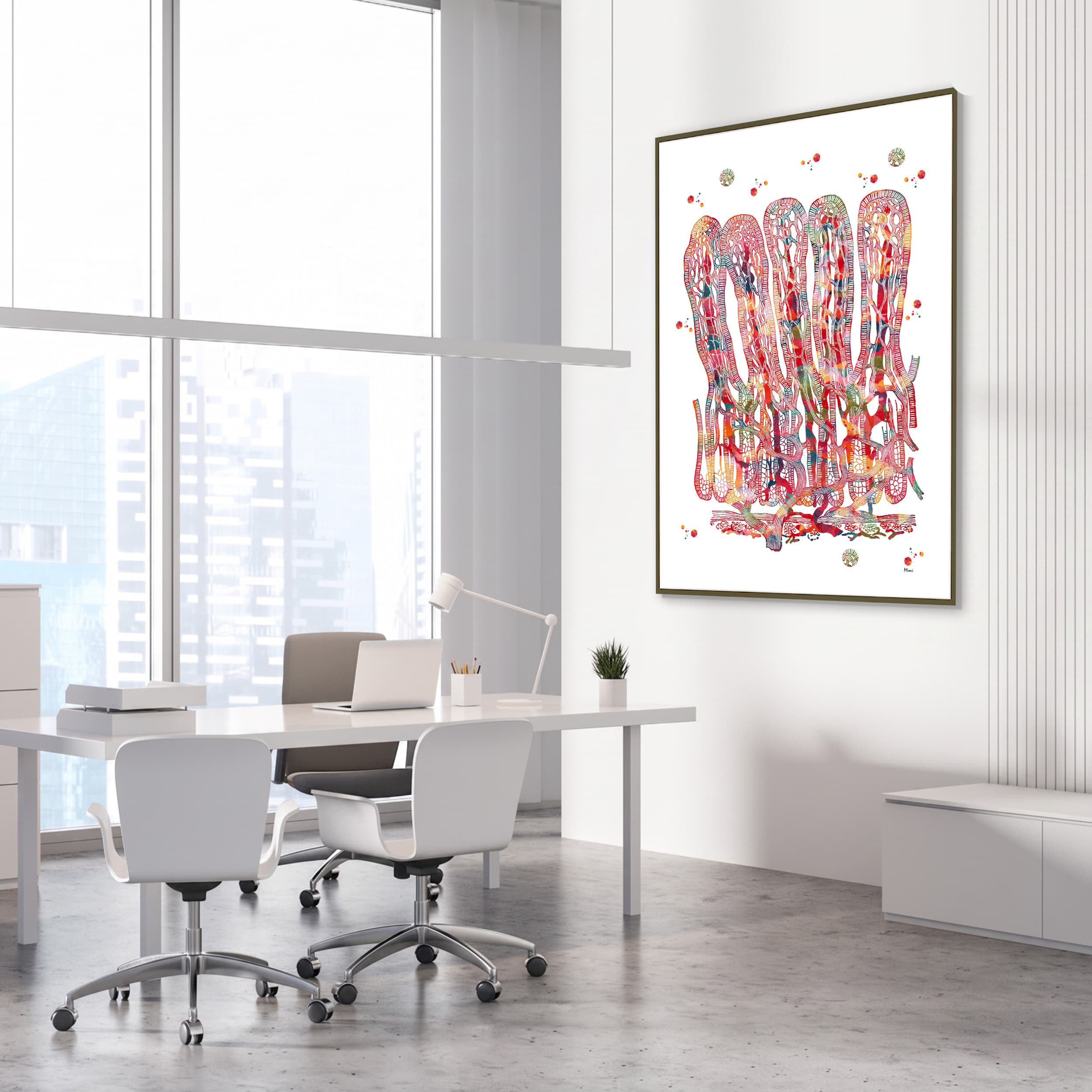 Framed intestinal villi watercolor print in a gastroenterology clinic