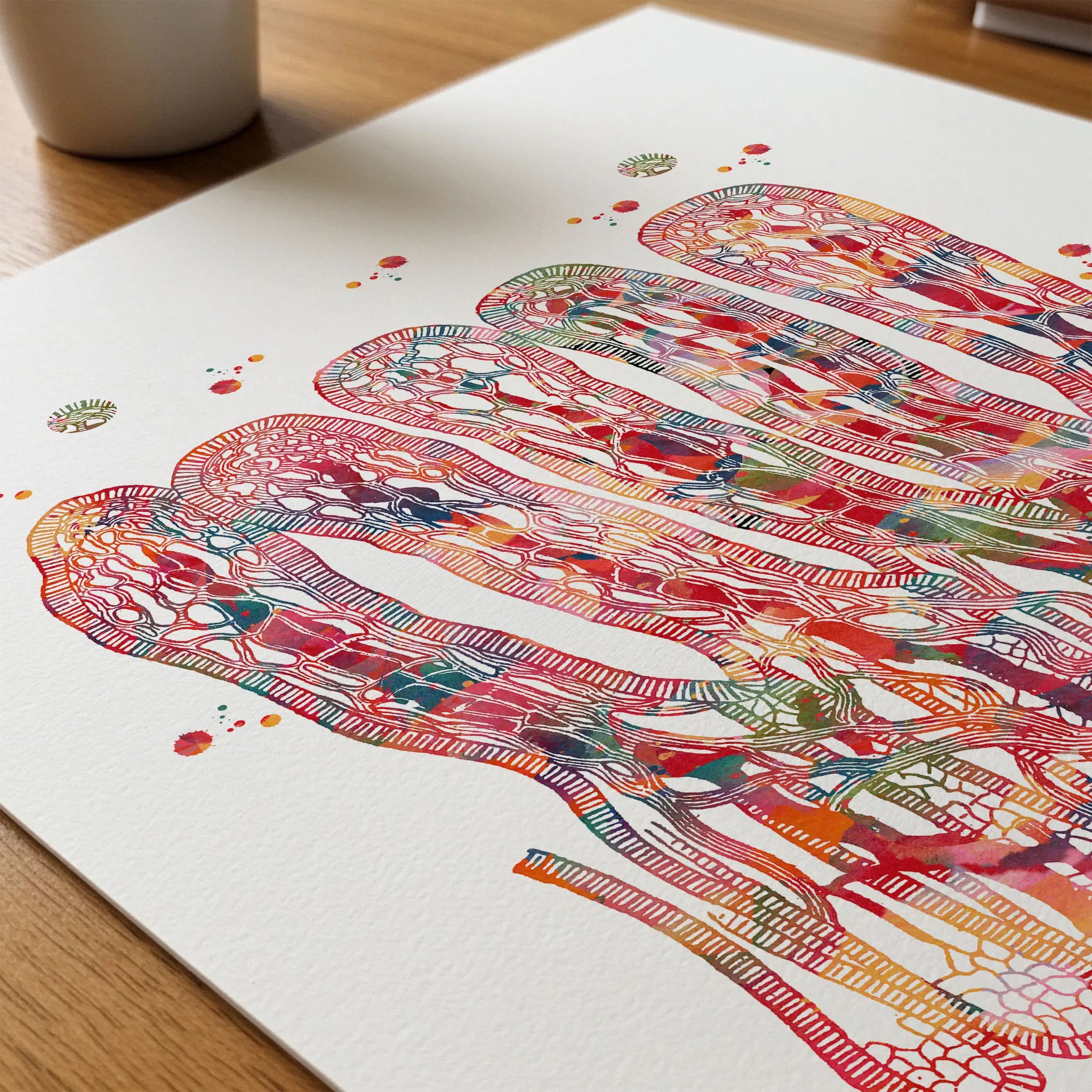 Close-up of intestinal villi watercolor print showing paper texture and grain